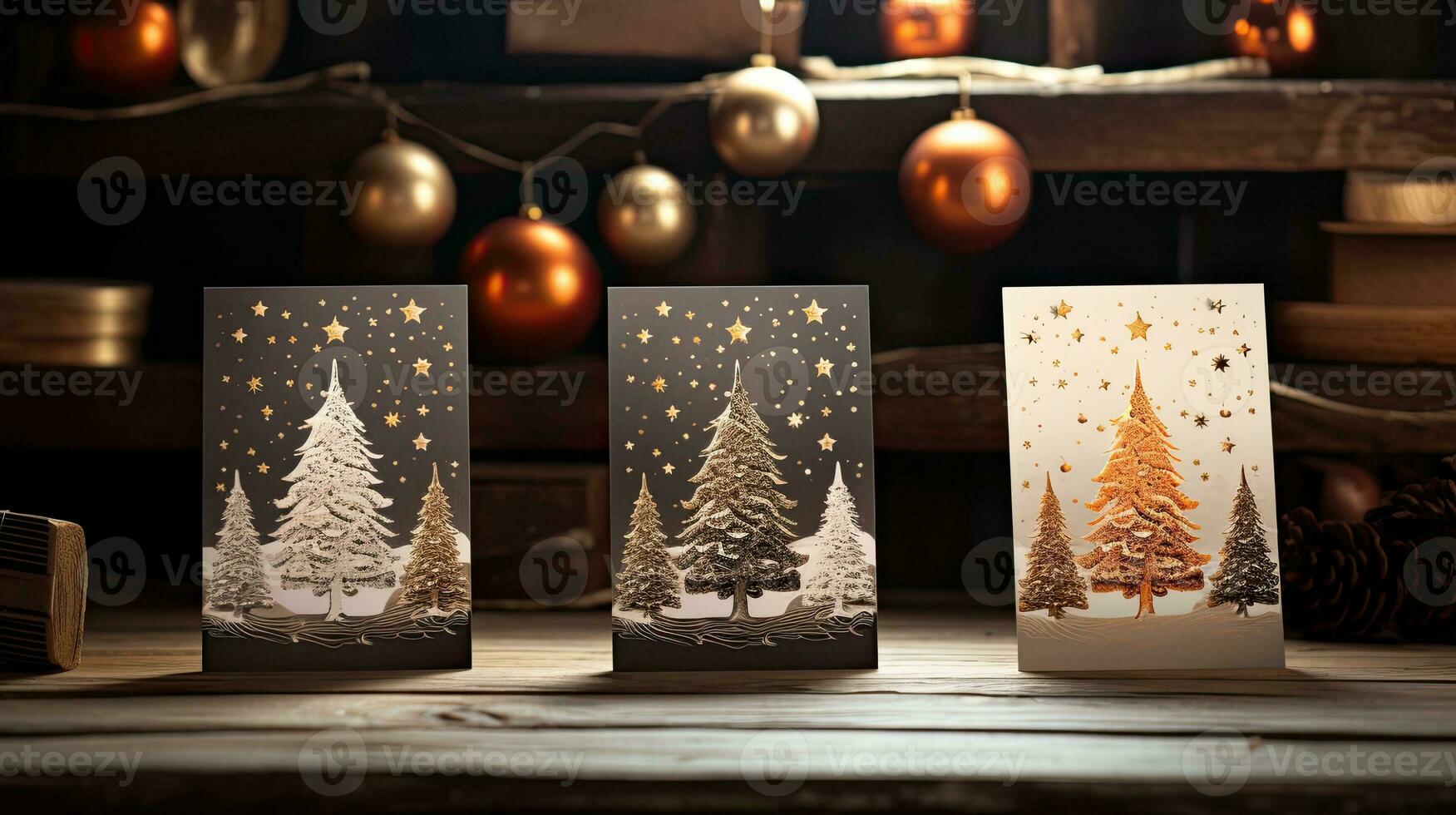 joyeux Noël et content Nouveau année salutation cartes sur en bois Contexte. photo