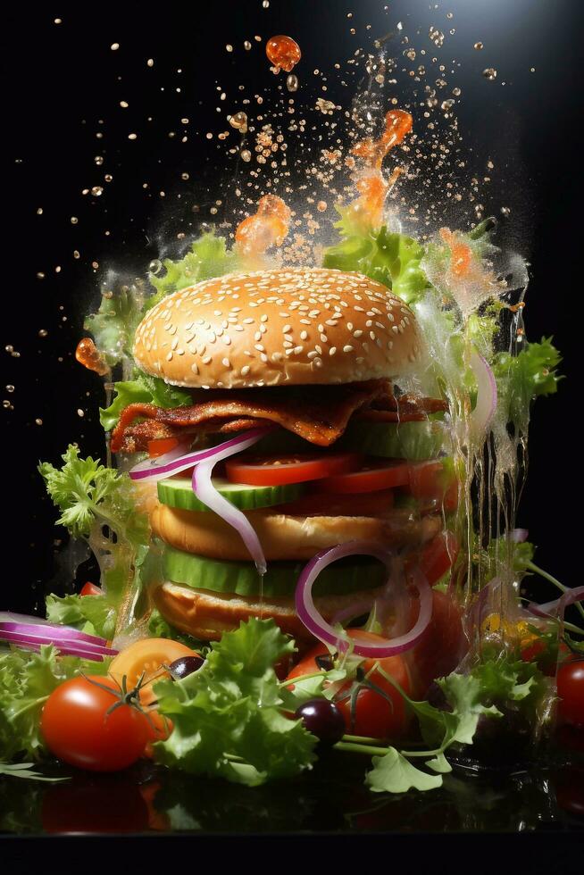 délicieux des hamburgers nourriture prêt à manger avec lumière Burger et salade morceaux surmonté avec sauce. Hamburger, Burger avec foncé Contexte. génératif ai photo