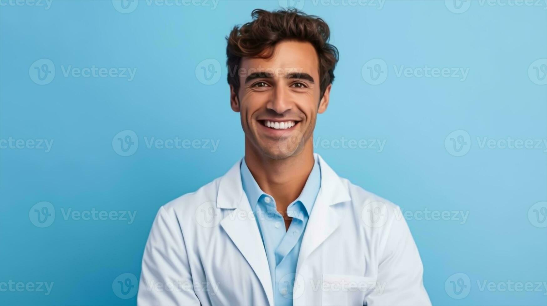 souriant Jeune Masculin médecin à la recherche à caméra isolé sur bleu Contexte photo