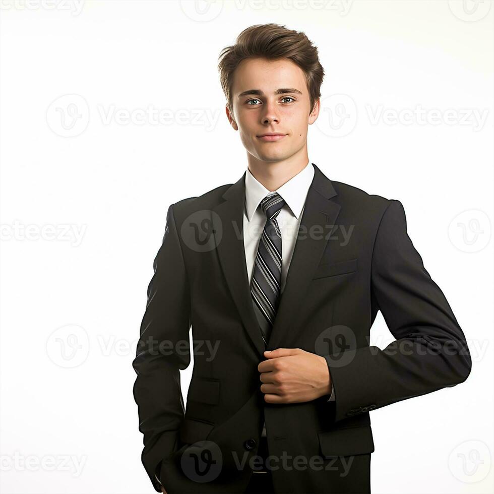 portrait de une content Jeune homme d'affaire à la recherche à caméra isolé sur blanc Contexte photo