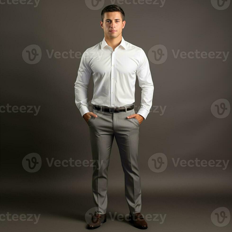 Beau Jeune homme dans une blanc chemise sur une gris Contexte photo