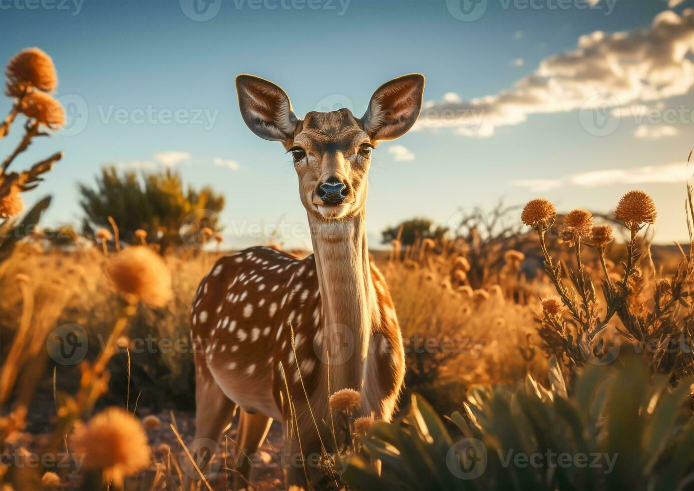 ai généré. peu cerf dans le savane. une aperçu de la nature innocence. photo