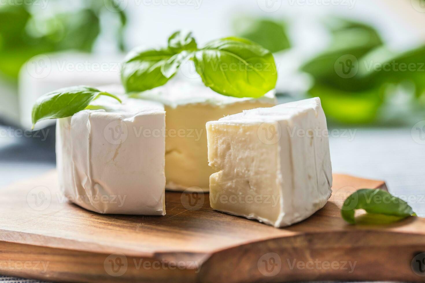 Camembert ou Brie fromage avec basilic feuilles sur table photo