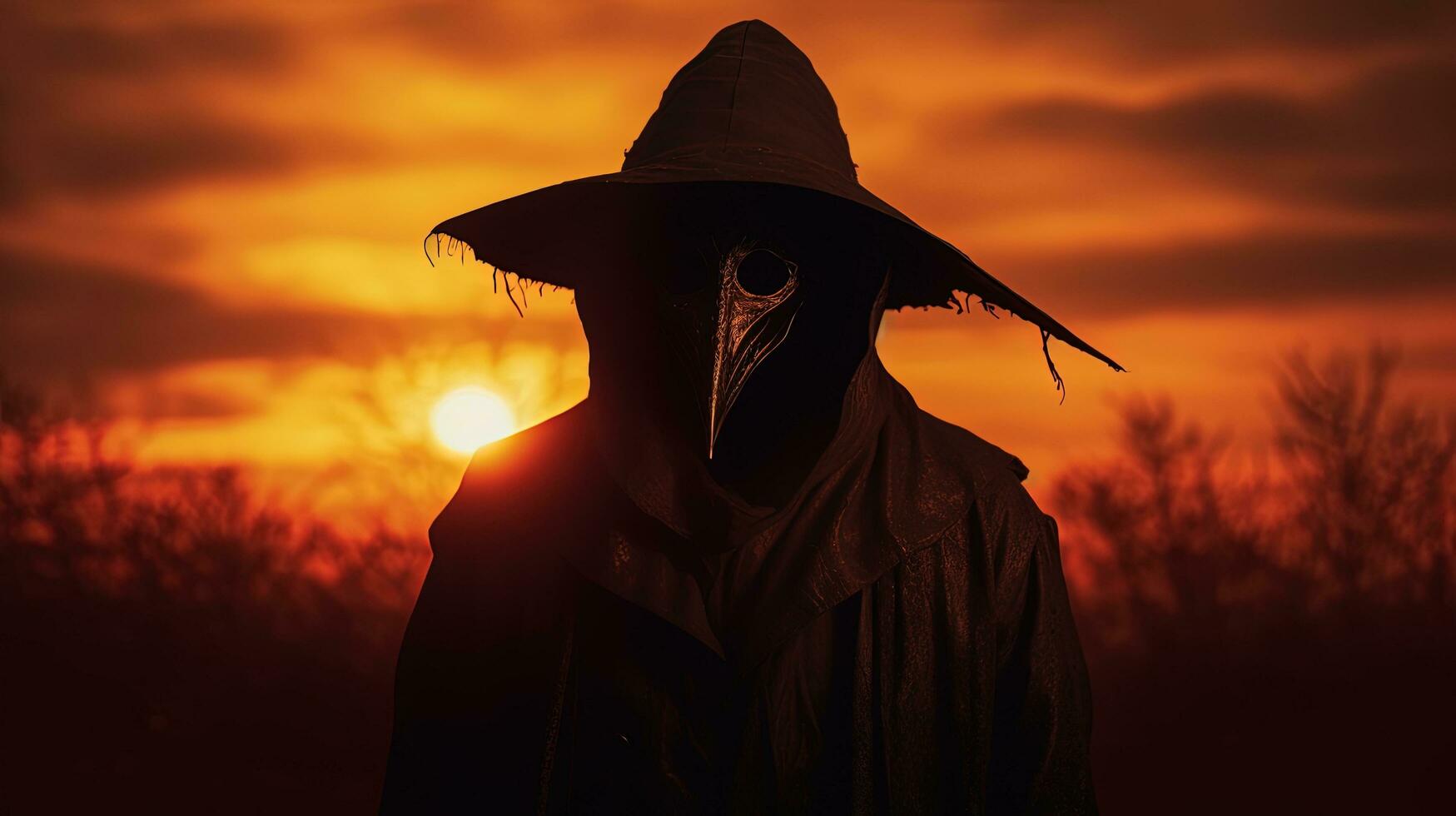 sinistre masqué silhouette parmi une le coucher du soleil s toile de fond édité avec avant garde grunge photo