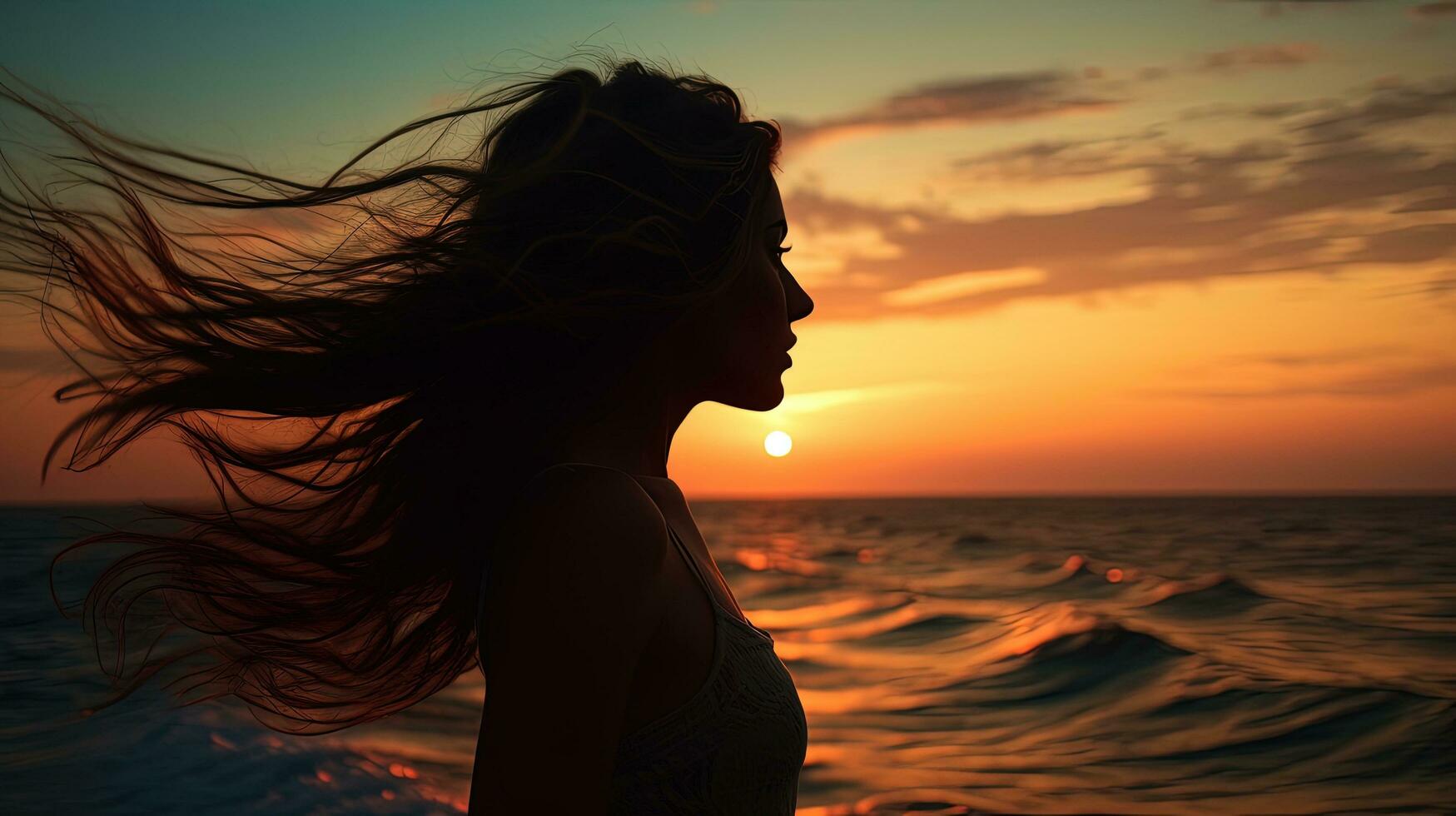 Jeune femme s silhouette contre une le coucher du soleil plus de le mer photo