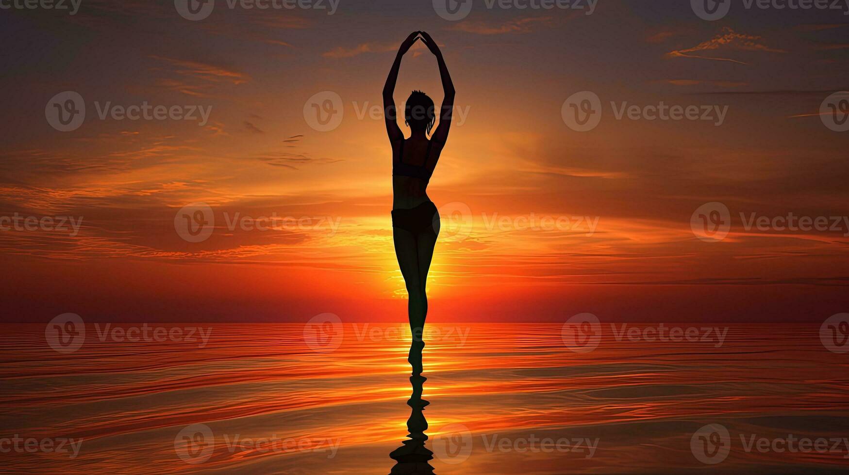 femelle gymnaste s ombre dans plage le coucher du soleil. silhouette concept photo