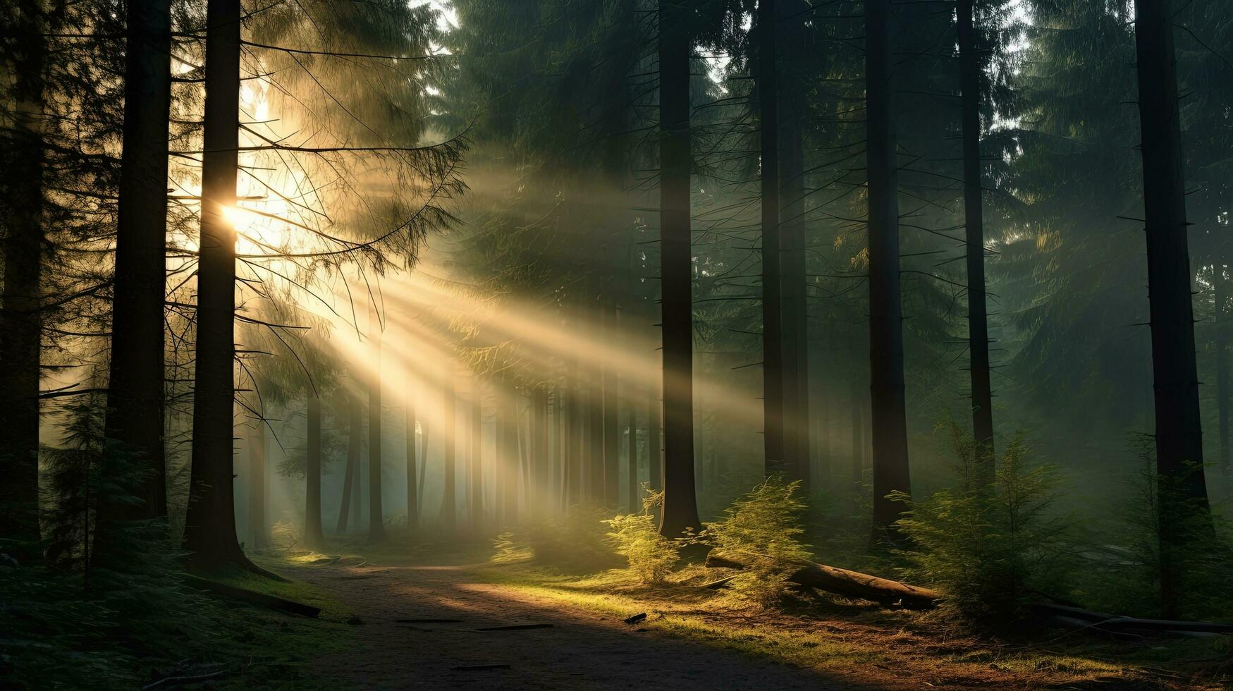 lumière du soleil filtres par le brouillard dans le forêt. silhouette concept photo