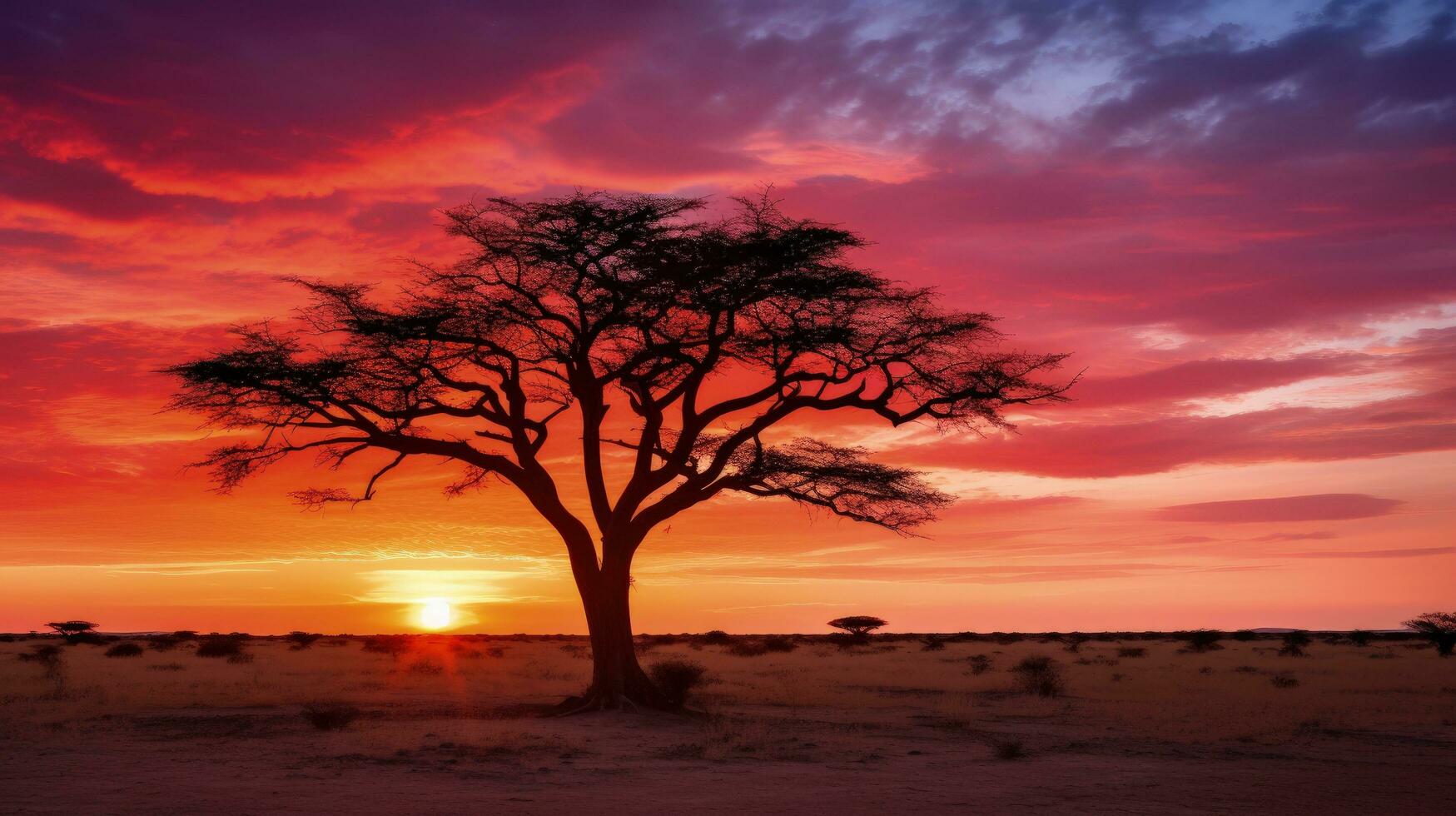 le coucher du soleil sur africain plaines avec acacia arbre Kalahari désert Sud Afrique. silhouette concept photo