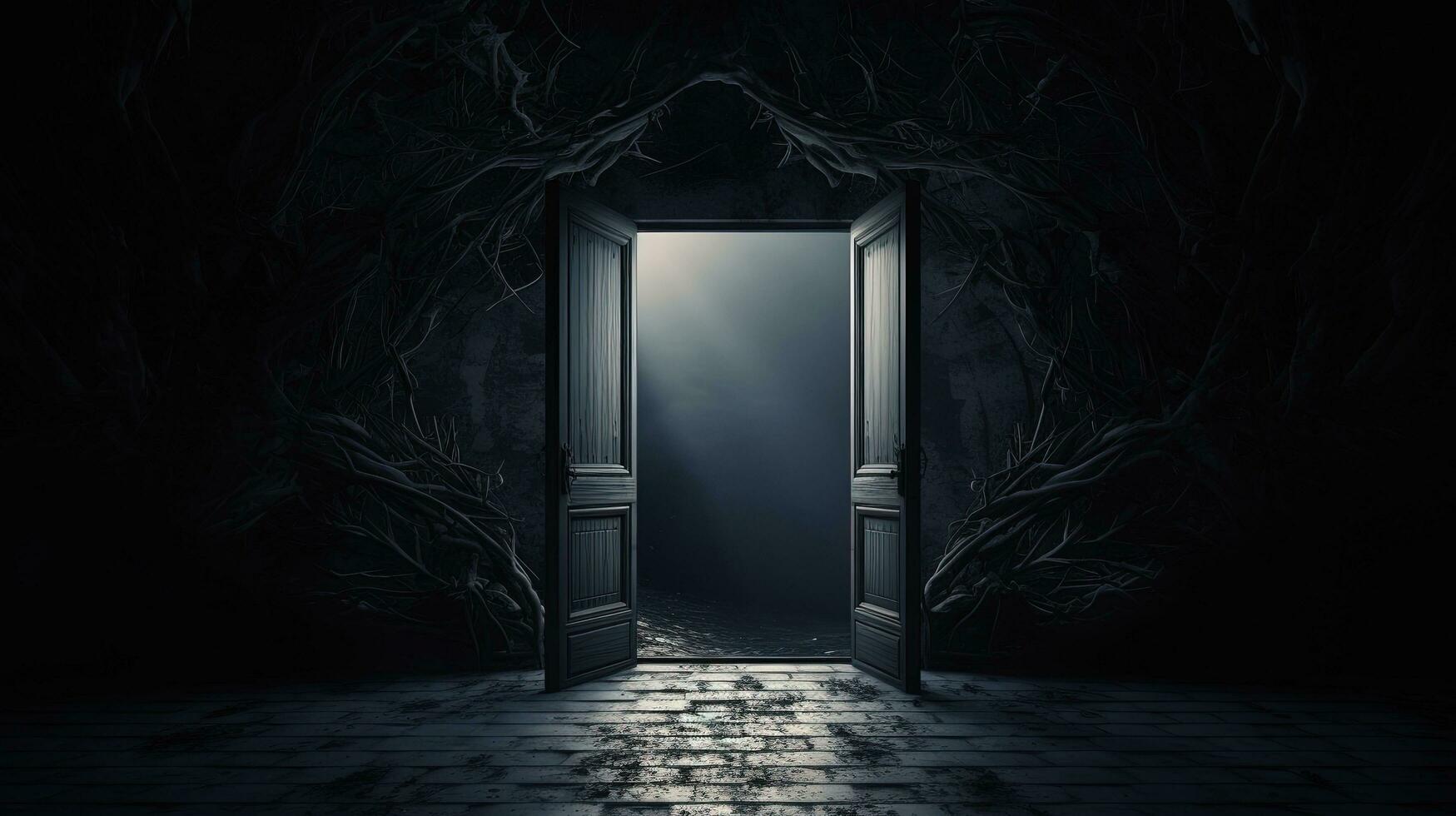 Halloween à thème pièce avec un ouvert porte dans obscurité. silhouette concept photo