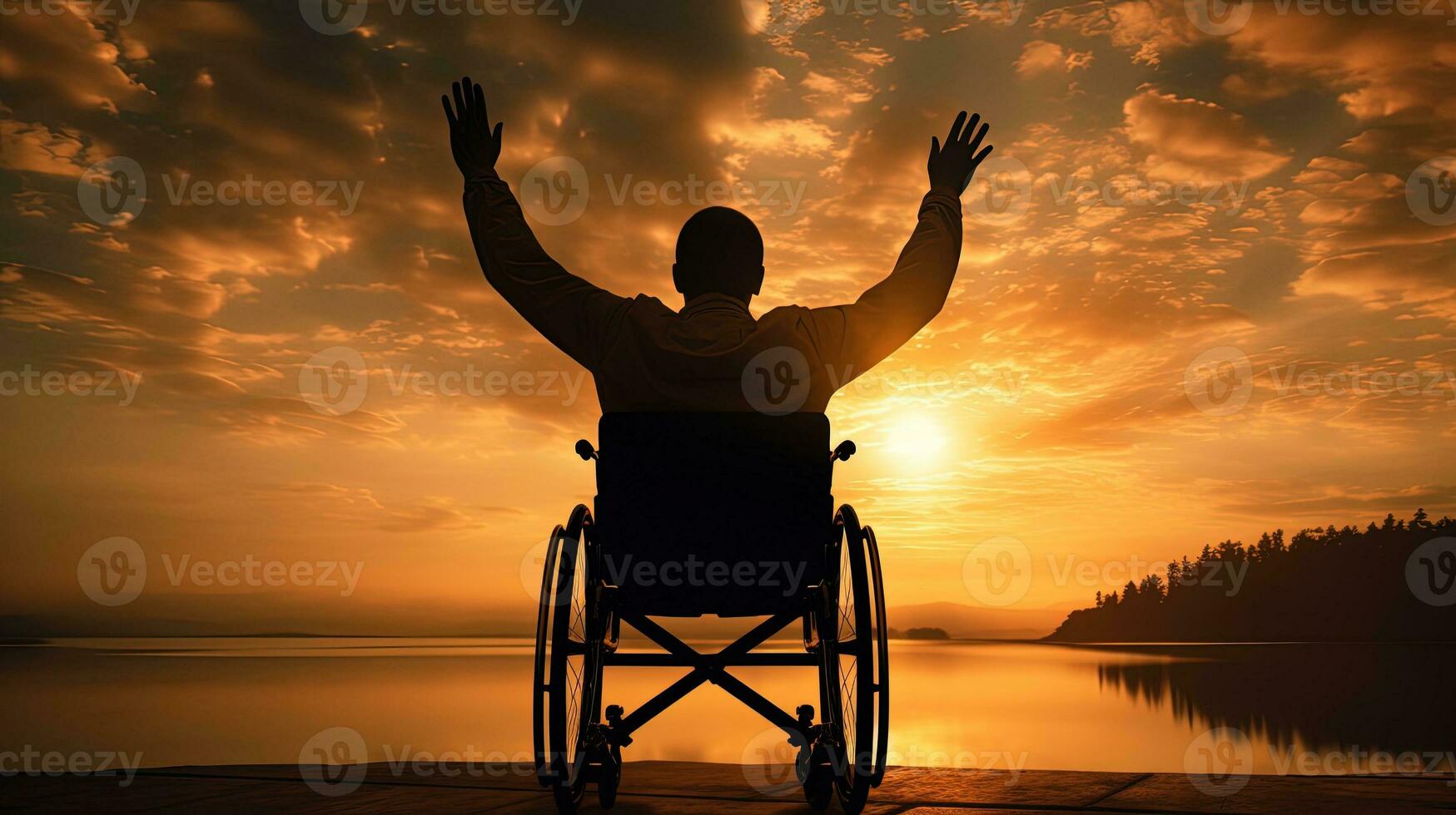 homme dans une fauteuil roulant avec tendu mains à le coucher du soleil vu de derrière. silhouette concept photo