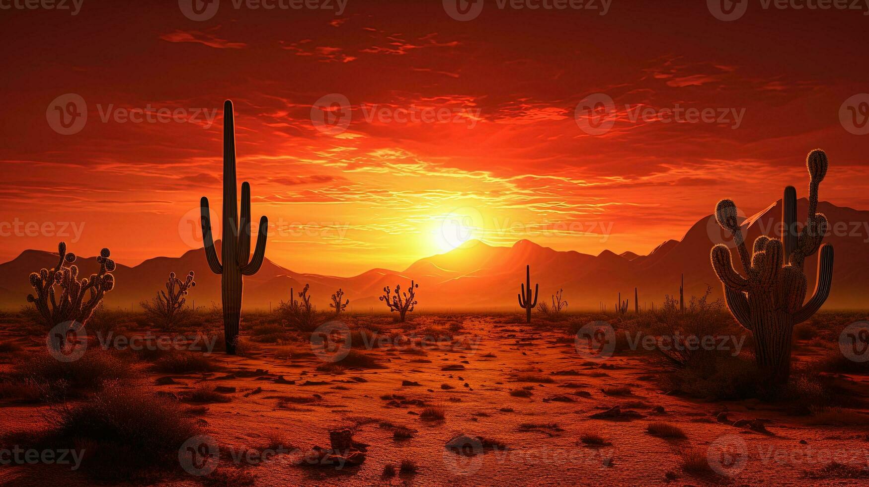 désert le coucher du soleil avec cactus ombres. silhouette concept photo