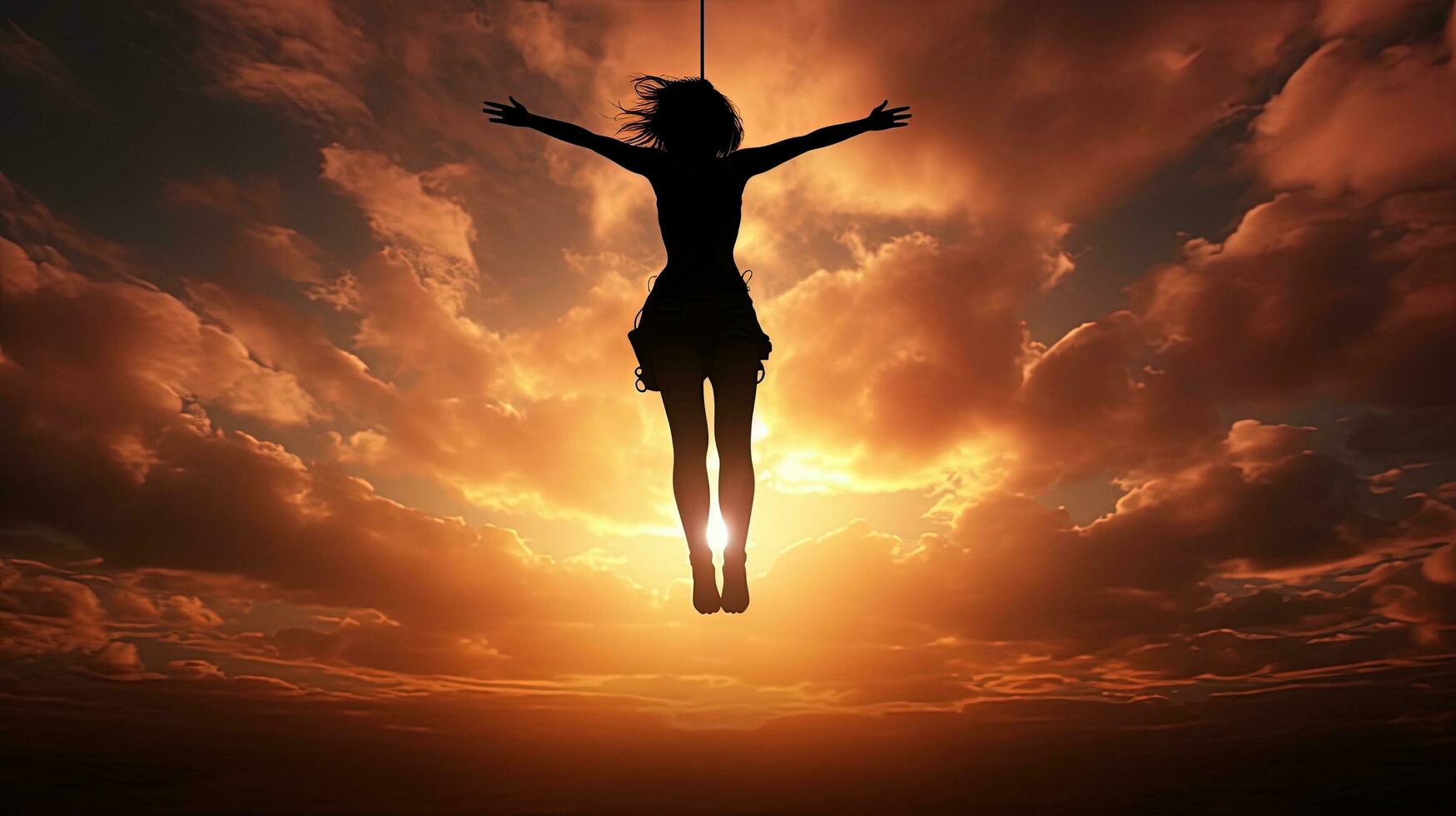 fille gymnaste en volant sur une corde dans le ciel contre une le coucher du soleil toile de fond. silhouette concept photo