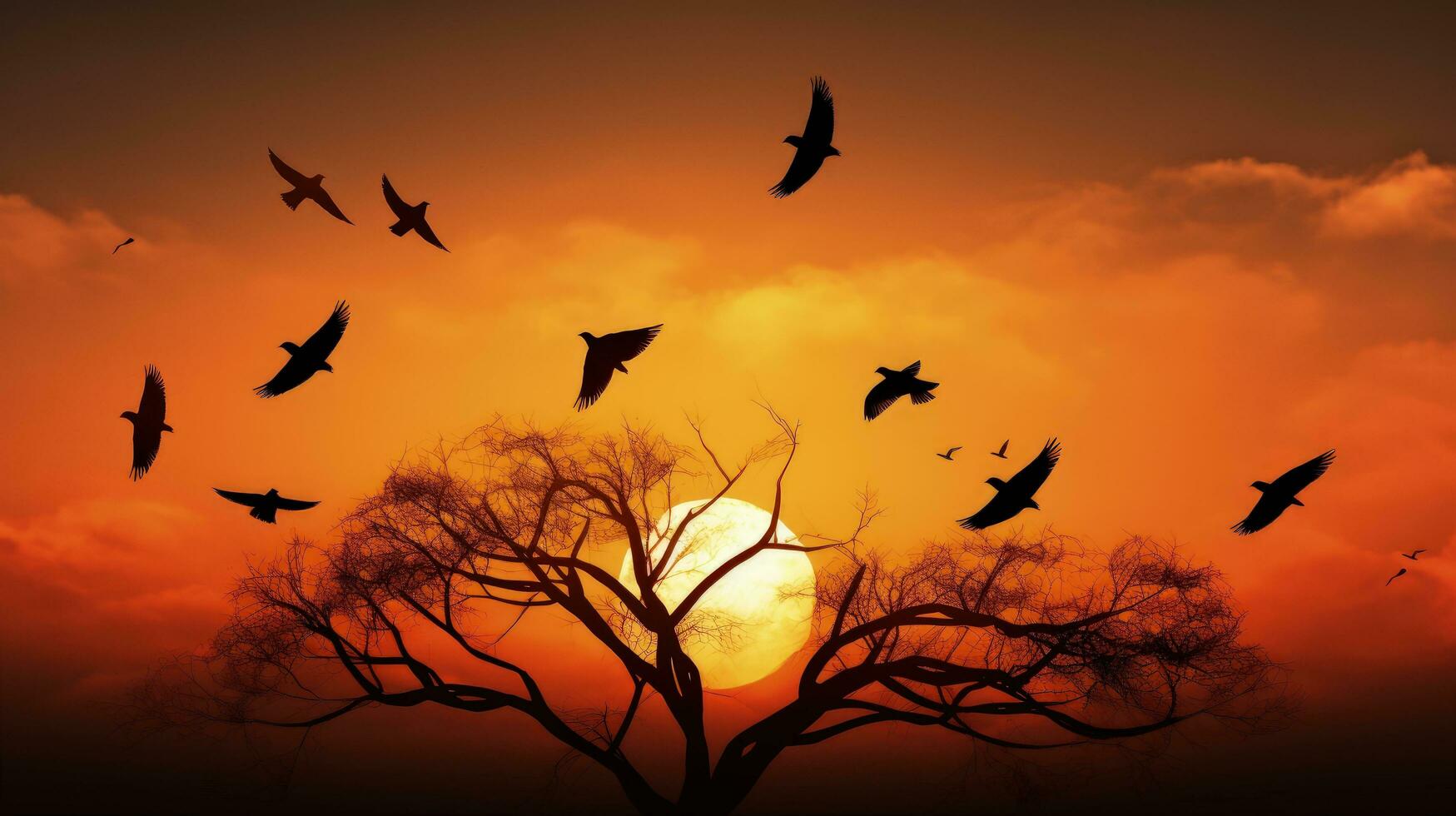 des oiseaux dans silhouette perché sur des arbres dans une sombre ciel photo