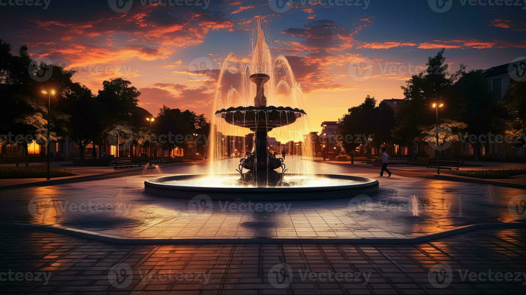 soir ville de Sovetsk dans Kaliningrad Région avec une Nouveau illuminé Fontaine vu de dessous. silhouette concept photo