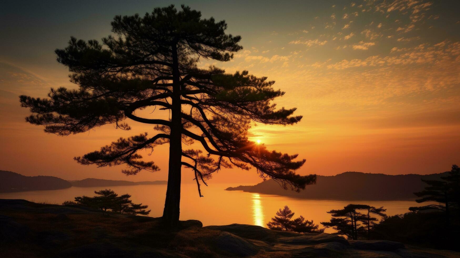 le coucher du soleil silhouette de une pin arbre photo