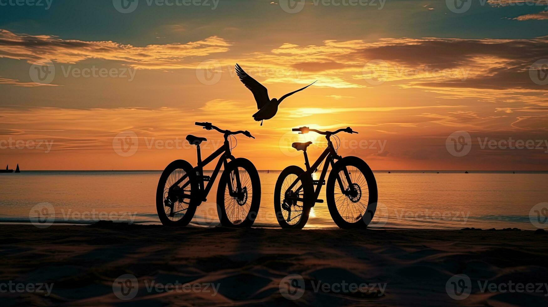 Vélos dans silhouette mensonge comme le Soleil ensembles sur une tropical plage avec une oiseau dans le clair ciel photo