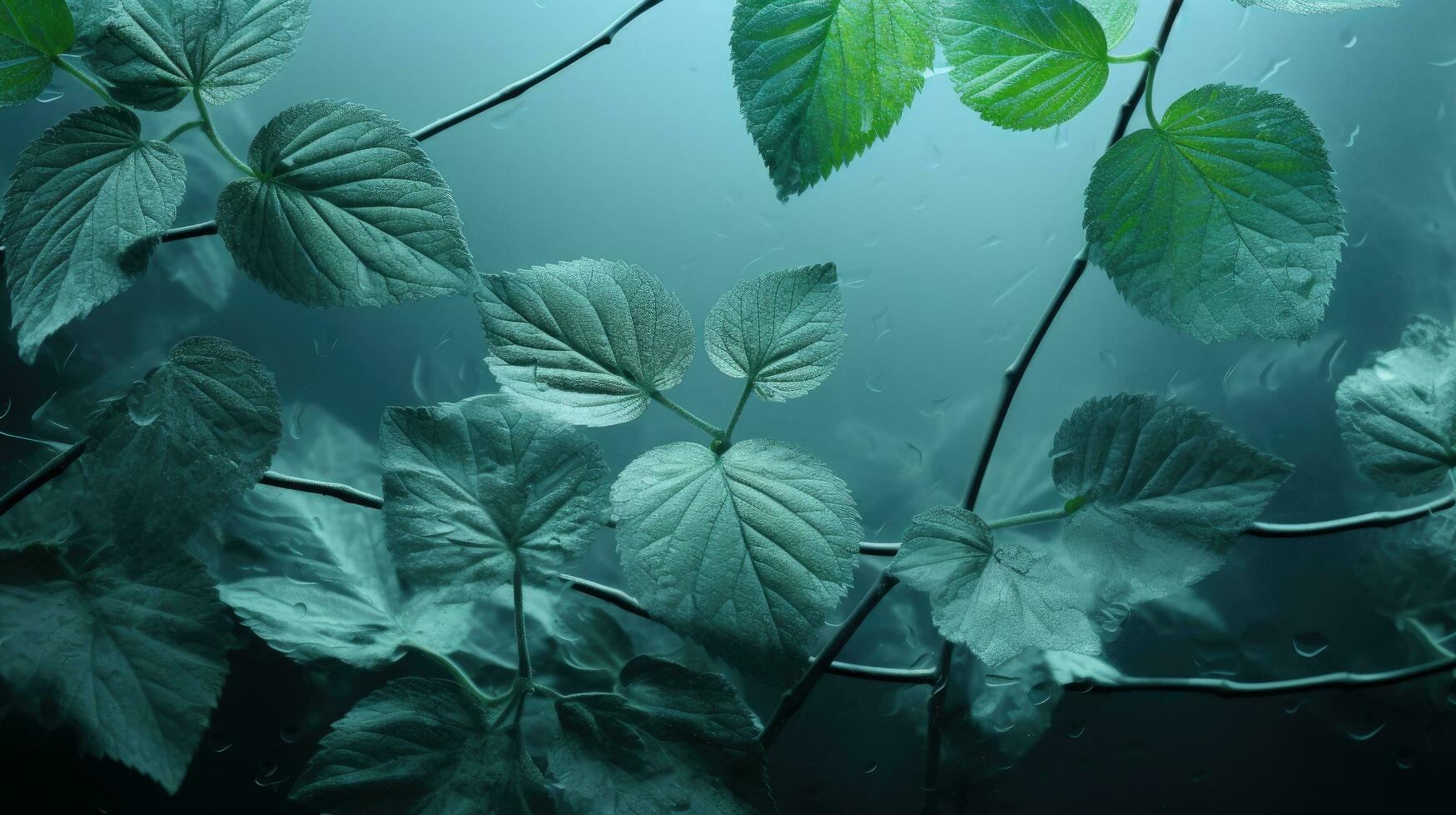 vert feuilles obscurci par givré verre. silhouette concept photo