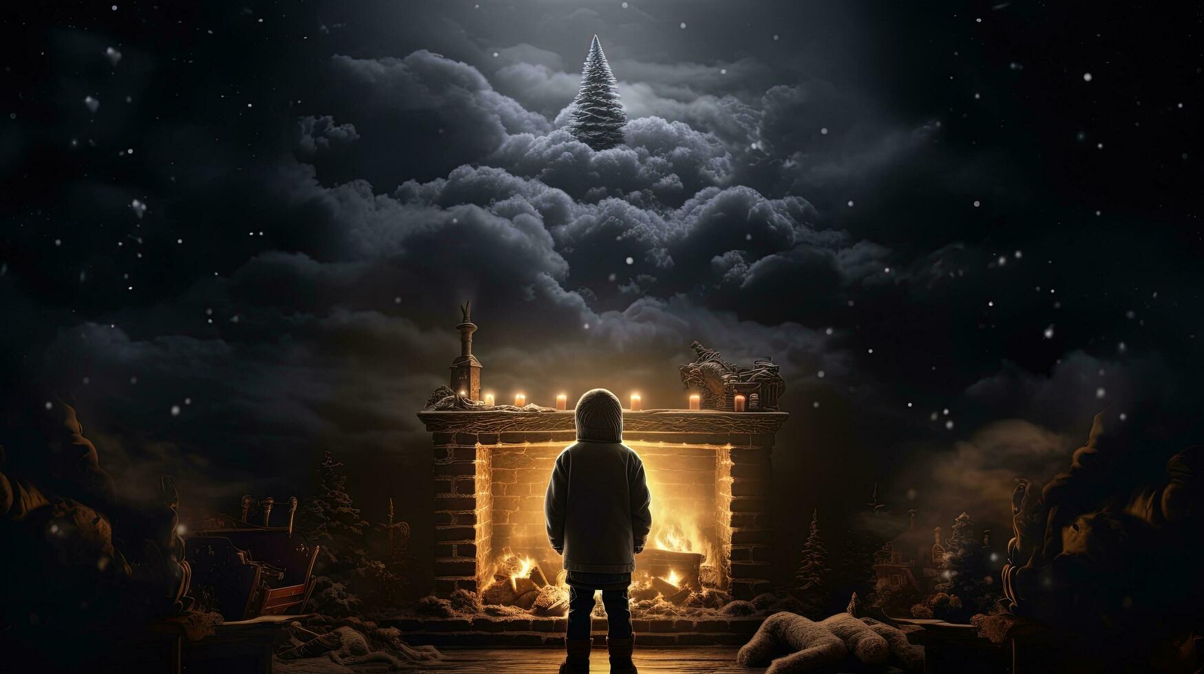 surpris enfant trouve Père Noël par le cheminée sur une éclairé par la lune Noël nuit. silhouette concept photo