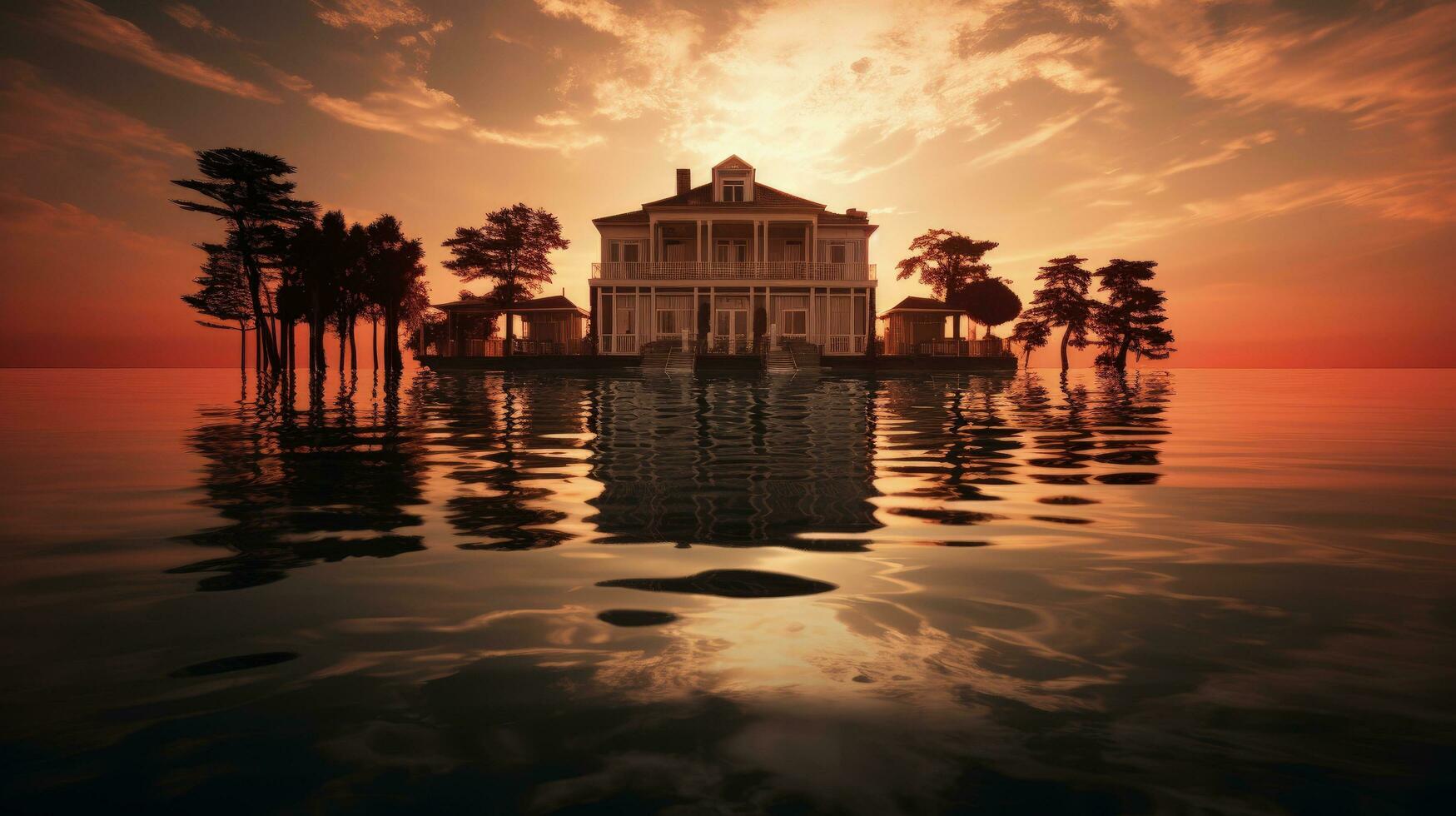 le coucher du soleil sur une l'eau villa construit sur échasses. silhouette concept photo