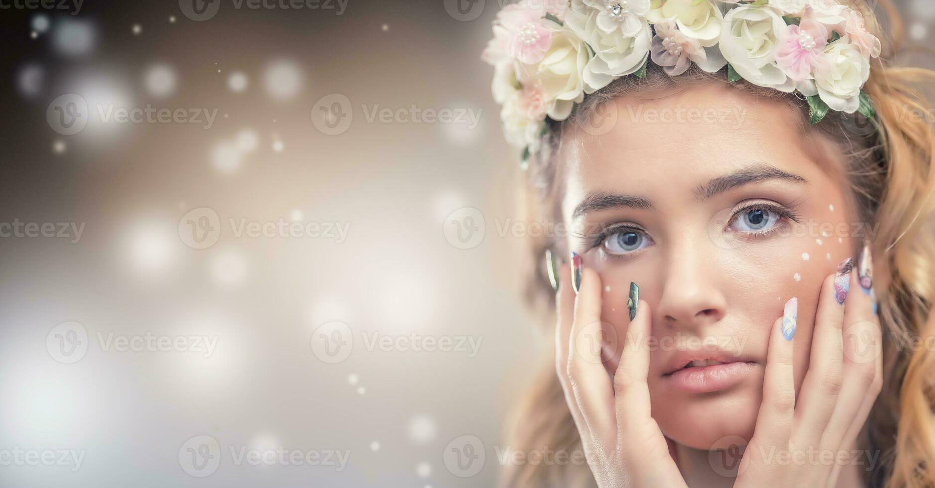 modèle fille visage avec or peau, clous, maquillage et accessoires