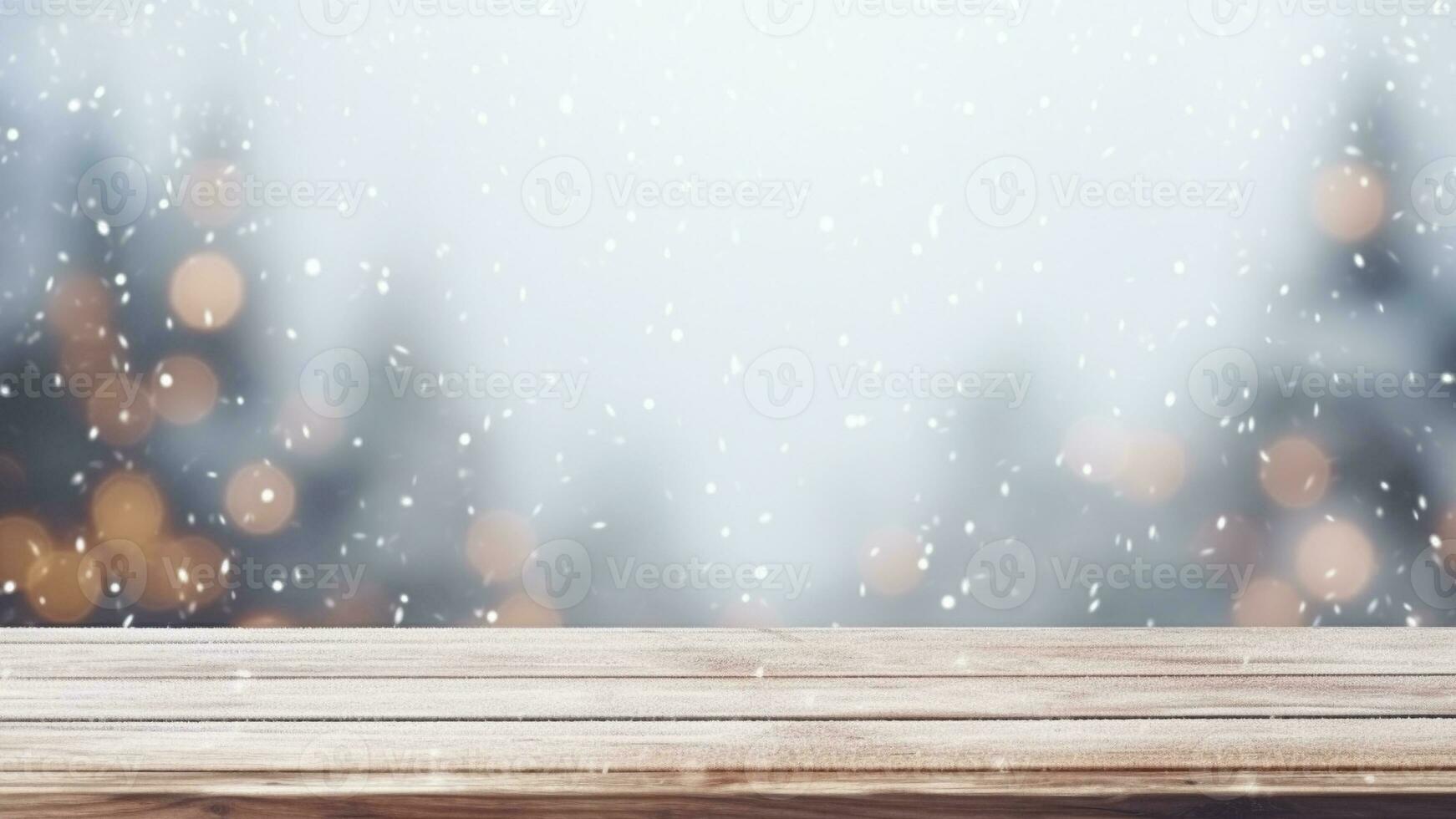 vide en bois planche table avec brouiller neige chute Contexte pour de fête Noël vacances et hiver produit publicité. génératif ai photo