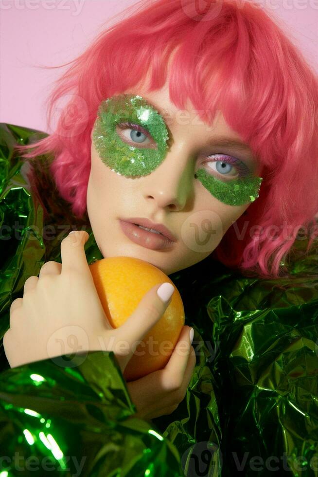 femme Couleur rose visage portrait coiffure vert cheveux Dame beauté perruque mode nourriture citron photo