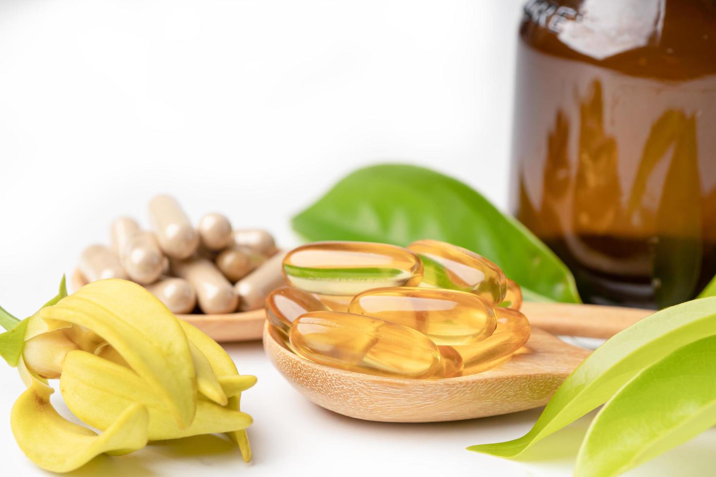 capsule biologique à base de plantes de médecine alternative avec vitamine e oméga 3 huile de poisson, minéral, médicament avec feuilles d'herbes suppléments naturels pour une bonne vie saine. photo