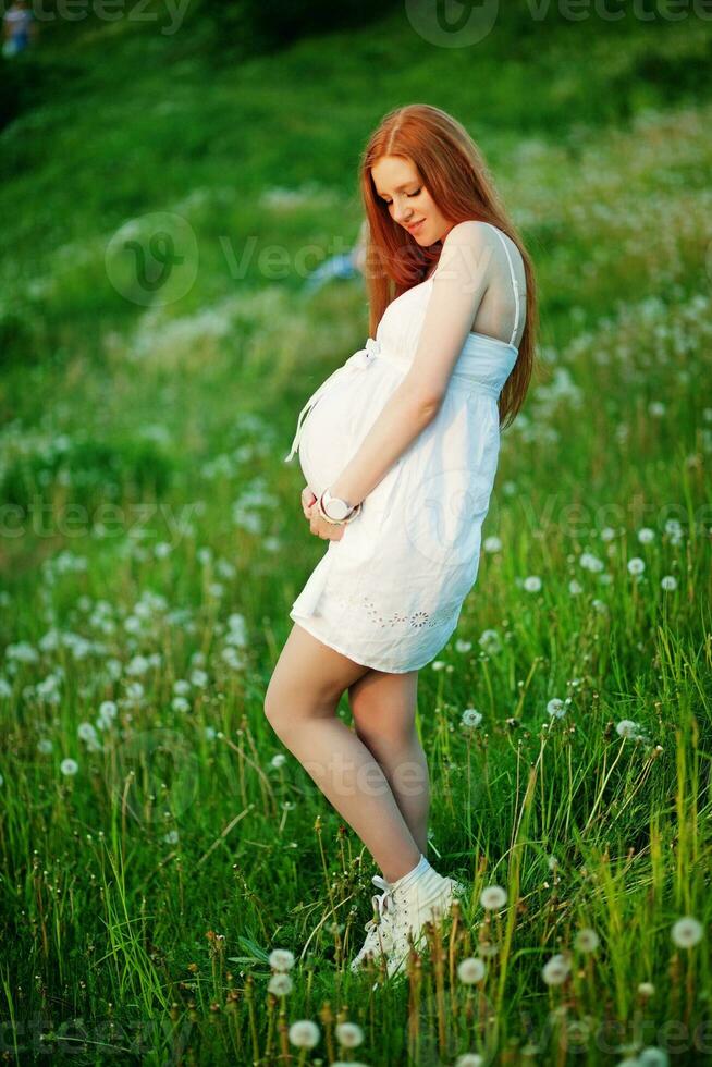 une Enceinte femme séance dans une champ avec pissenlits photo