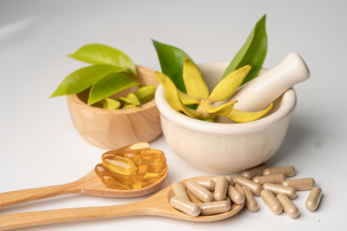 capsule biologique à base de plantes de médecine alternative avec vitamine e oméga 3 huile de poisson, minéral, médicament avec feuilles d'herbes suppléments naturels pour une bonne vie saine. photo