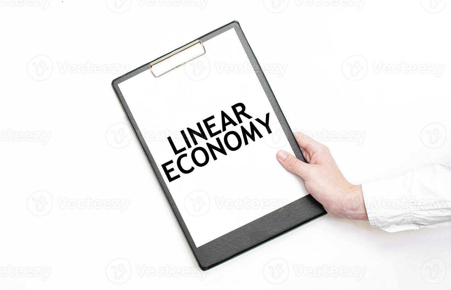une homme d'affaire détient une dossier avec papier feuille avec le texte linéaire économie. affaires concept. photo