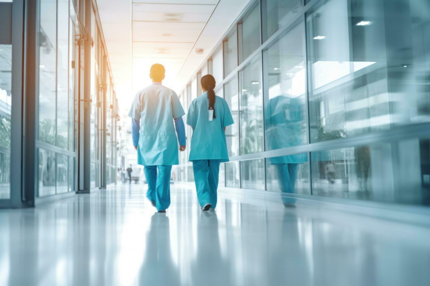 Trois gens en marchant vers le bas couloir dans hôpital photo