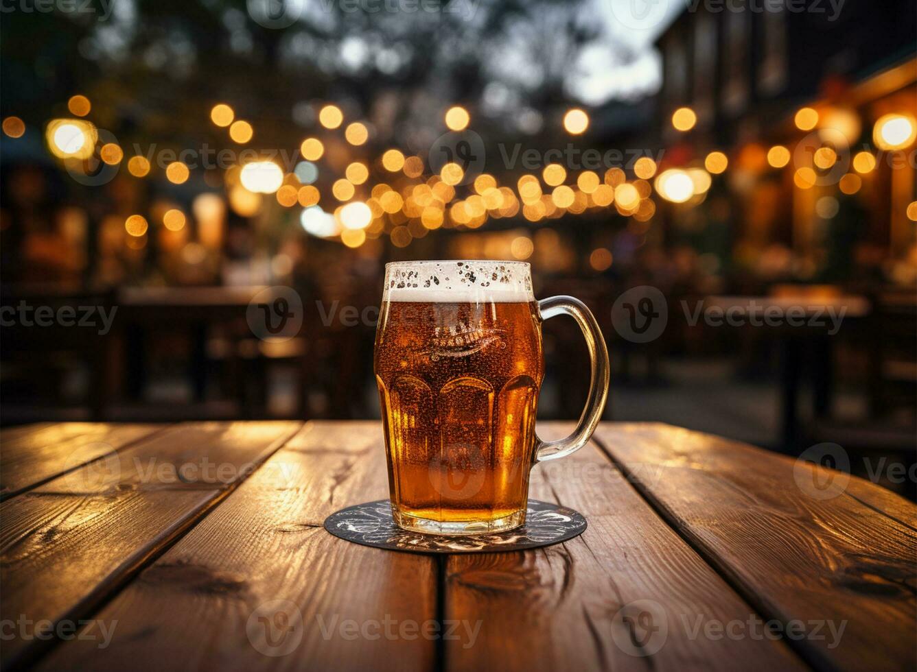 agresser de Bière sur une en bois table dans une pub avec bokeh ai généré photo