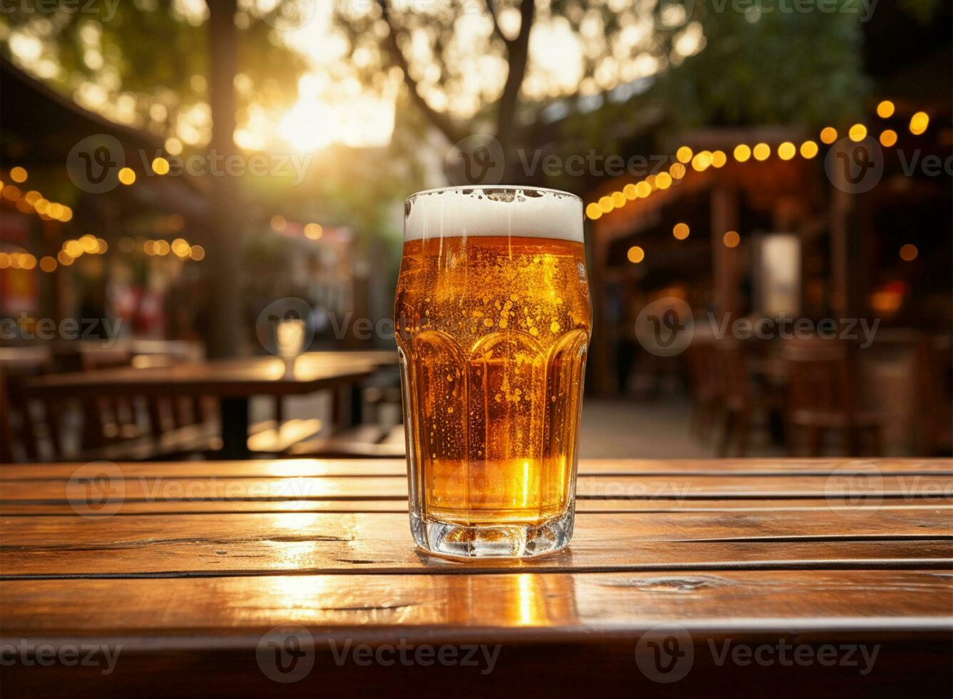 agresser de Bière sur une en bois table dans une pub avec bokeh ai généré photo