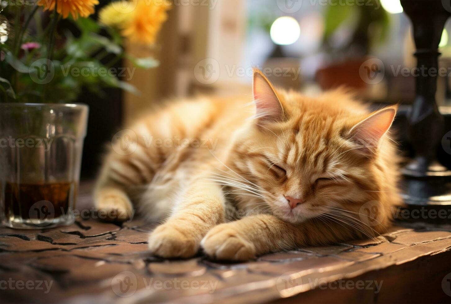 magnifique gingembre chat en train de dormir sur en bois table dans jardin, fermer ai généré photo