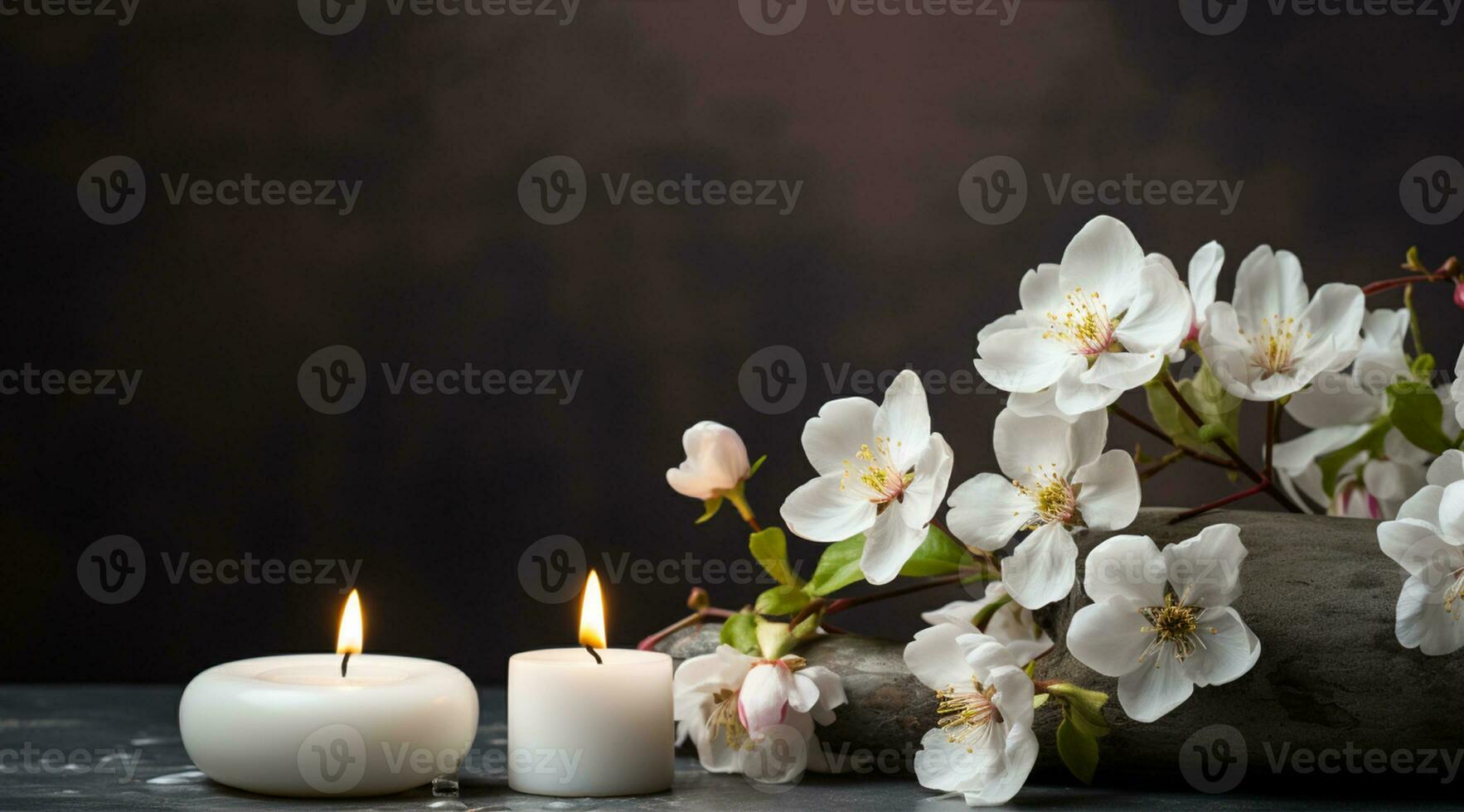 bouquet de blanc magnolia fleurs avec brûlant bougie sur noir Contexte ai généré photo