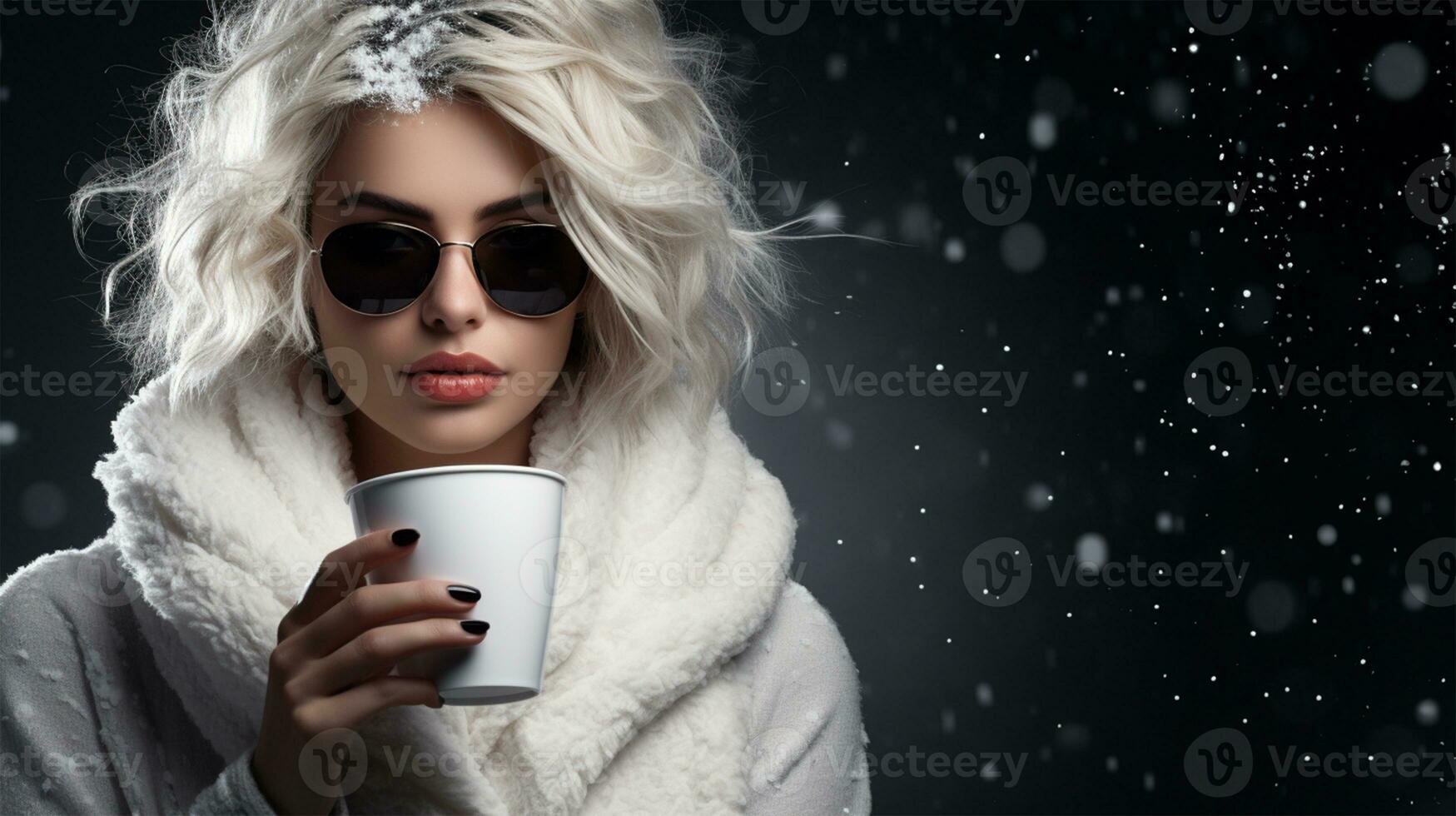 à la mode femme dans hiver manteau et des lunettes de soleil avec tasse de chaud boisson ai généré photo