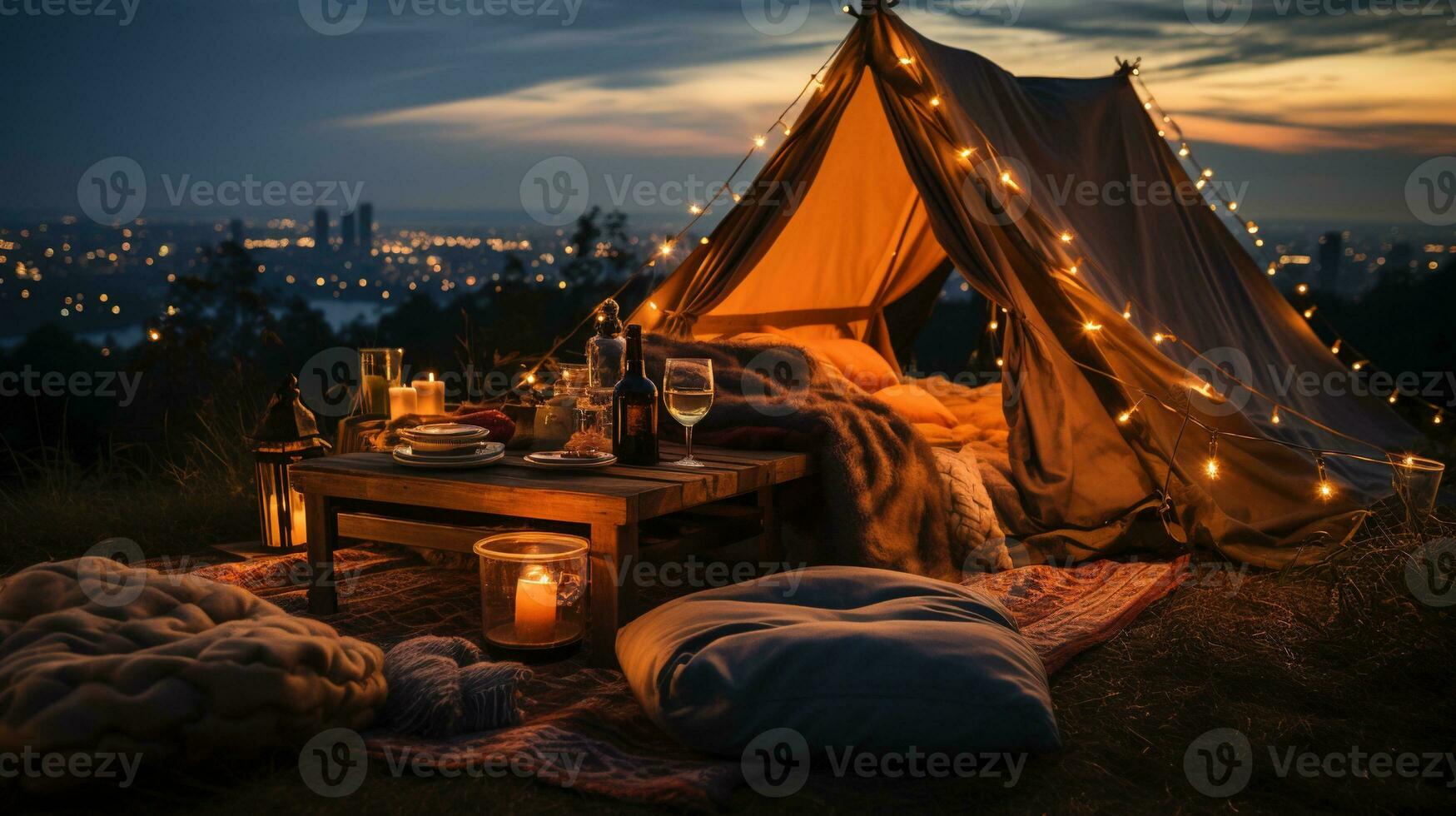 génératif ai, romantique camping avec lanterne lumières, oreillers, couverture. ville vue dans le soir photo