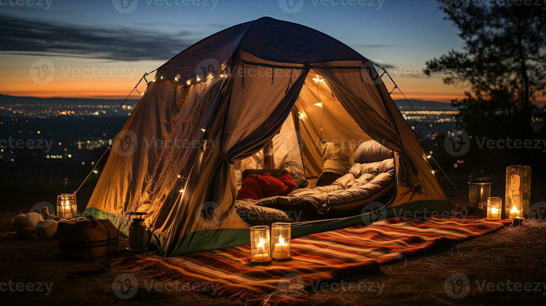 génératif ai, romantique camping avec lanterne lumières, oreillers, couverture. ville vue dans le soir photo