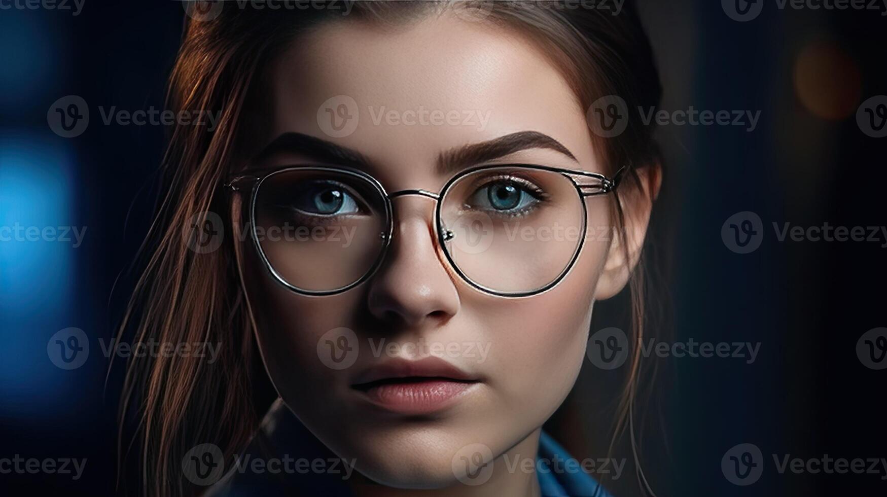 une femme portant des lunettes dans une foncé pièce ai génératif photo