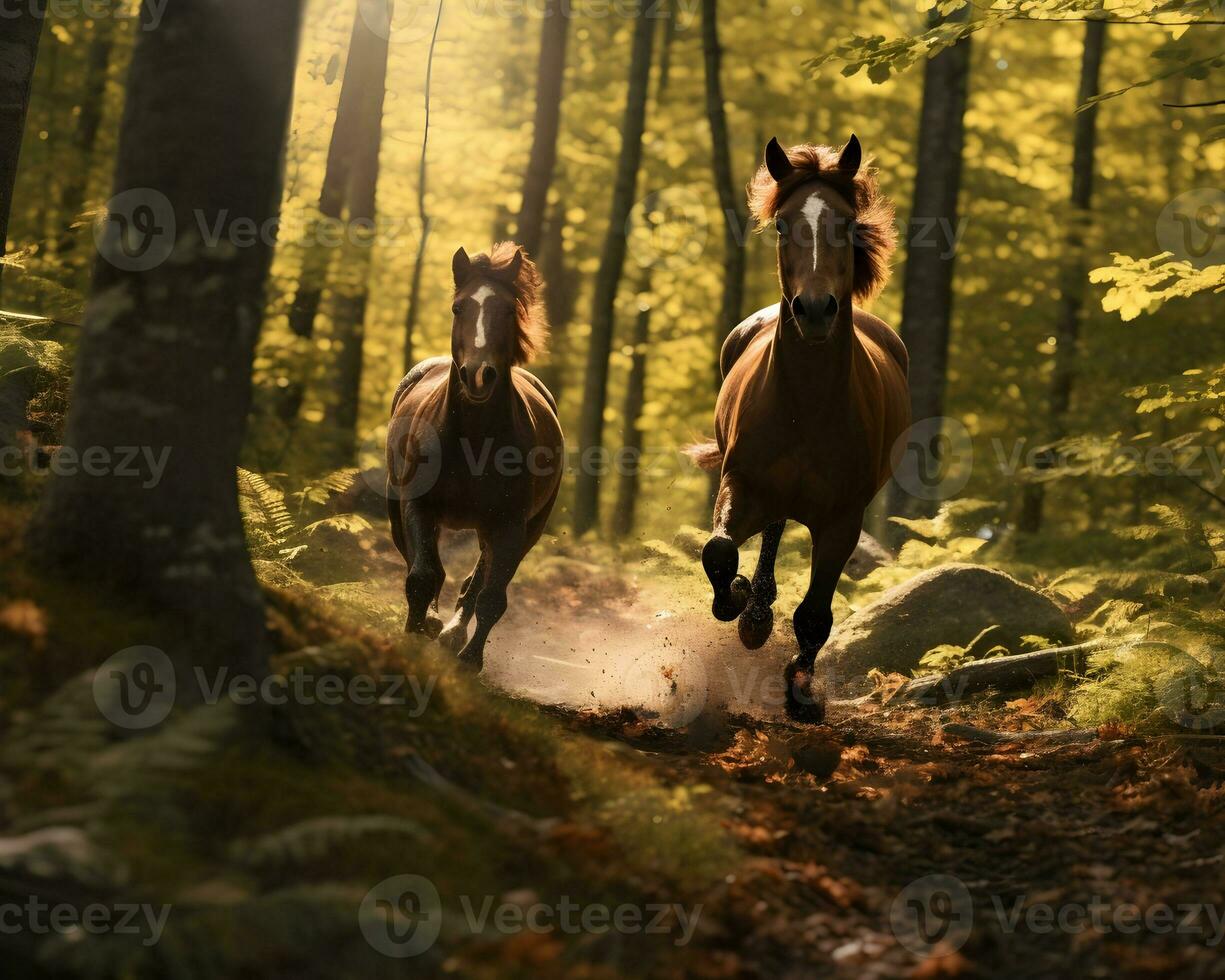 fonctionnement les chevaux dans le forêt - génératif ai photo