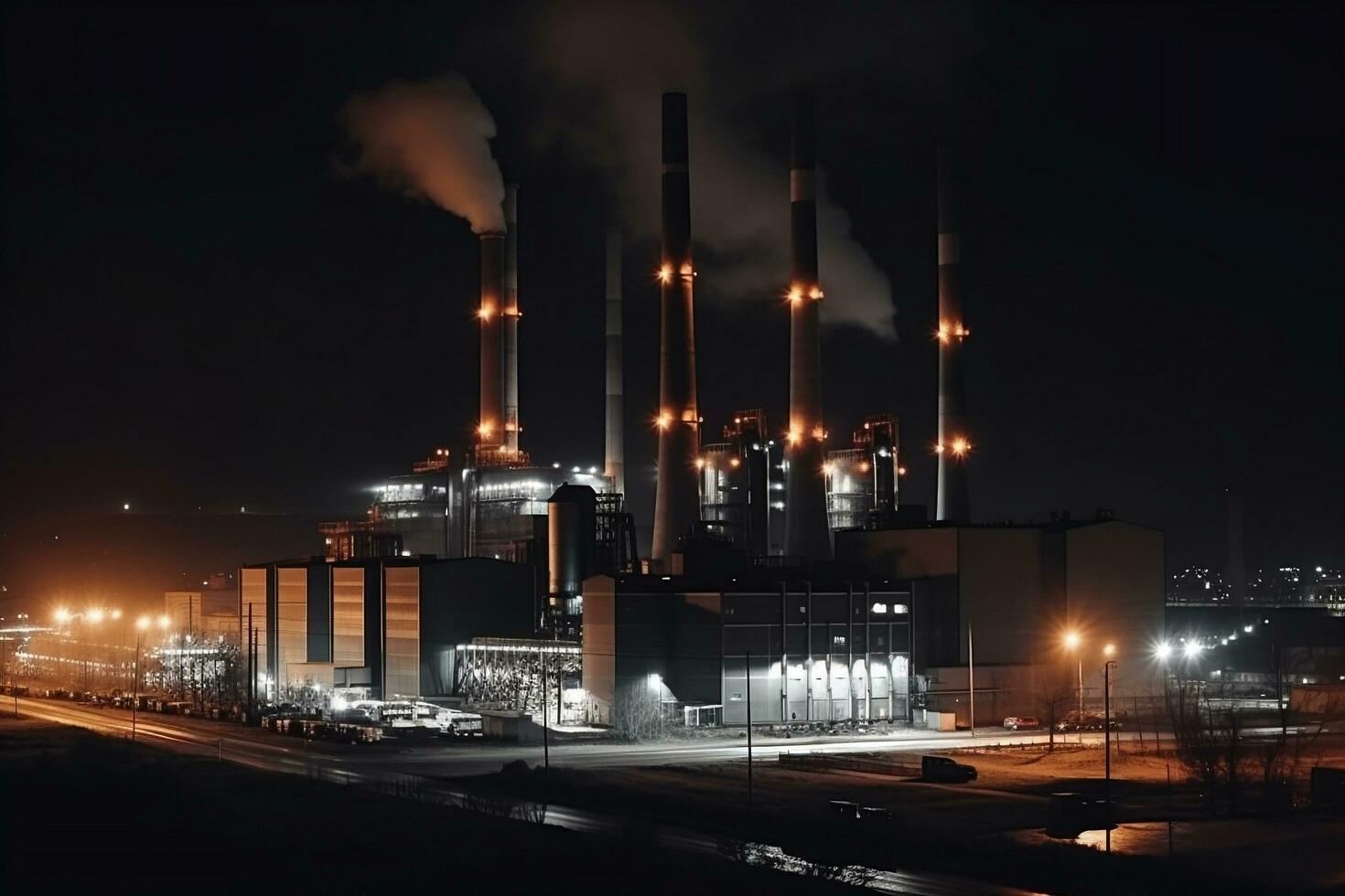 charbon Puissance plante complexe à industriel district avec Trois cheminées à nuit génératif ai photo