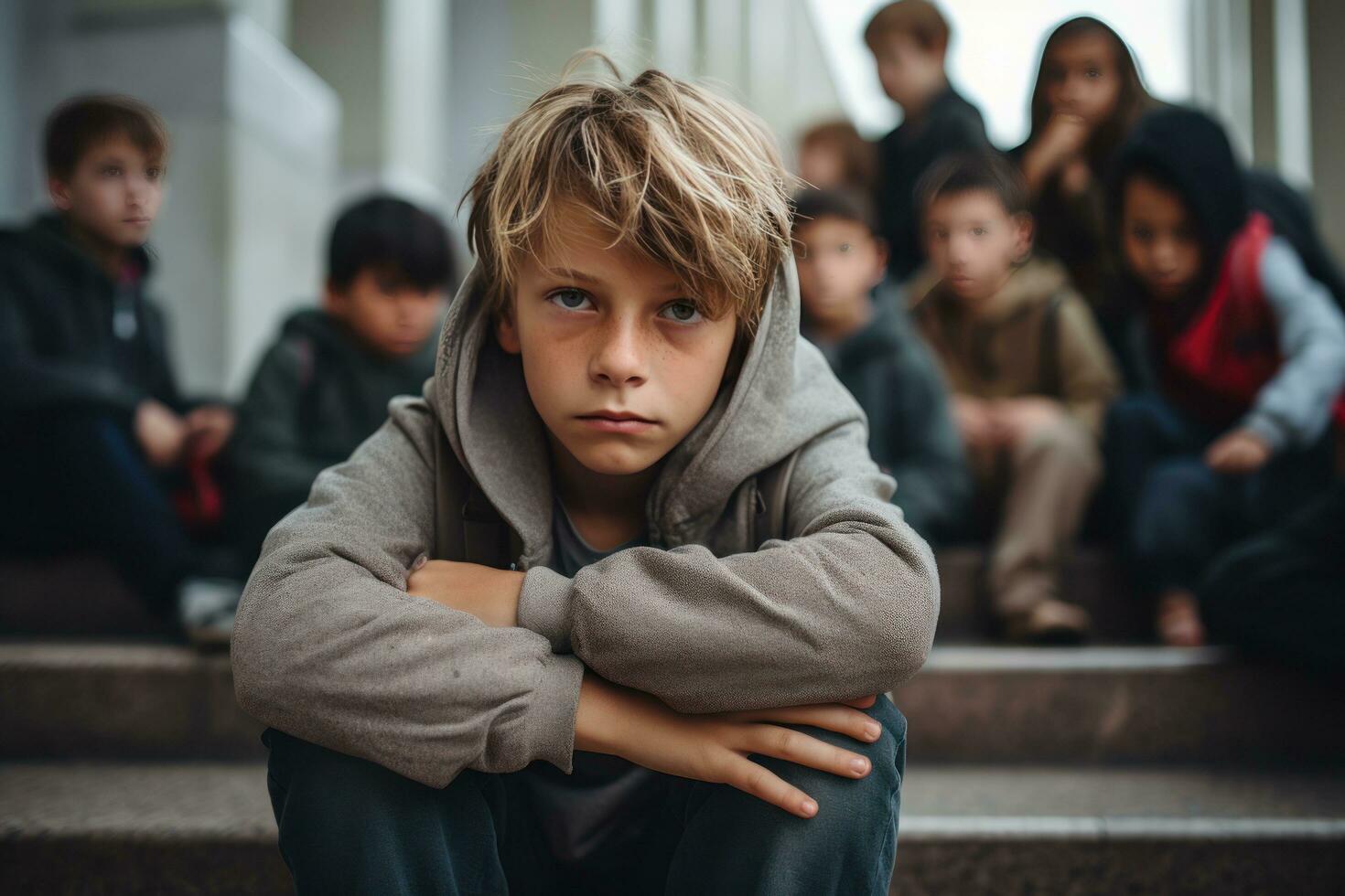 une Jeune garçon est assis sur le escaliers suivant à autre Jeune les enfants photo