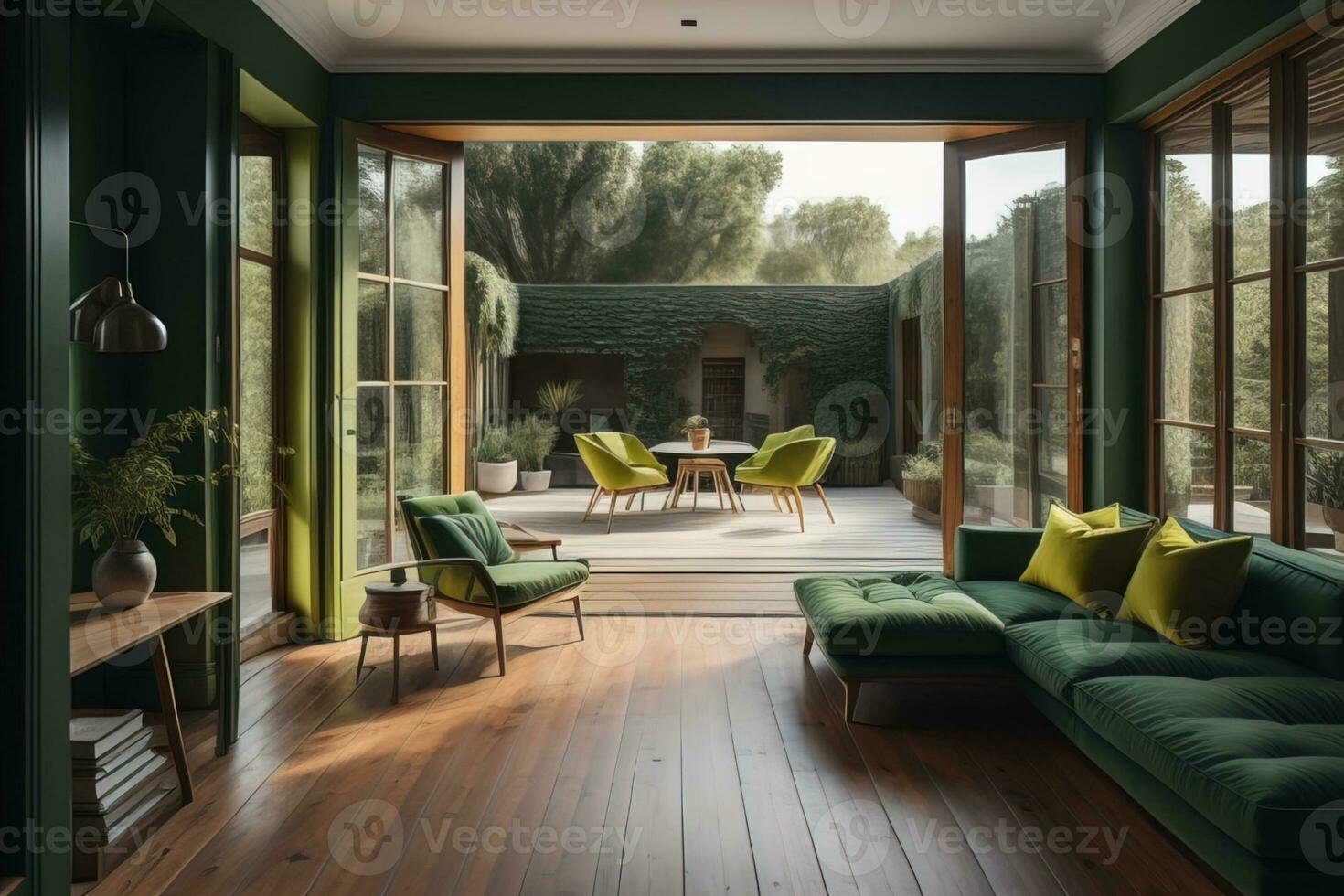 intérieur de moderne vivant pièce avec beige des murs, en bois sol, beige  canapé et café tableau. ai généré 23824652 Photo de stock chez Vecteezy