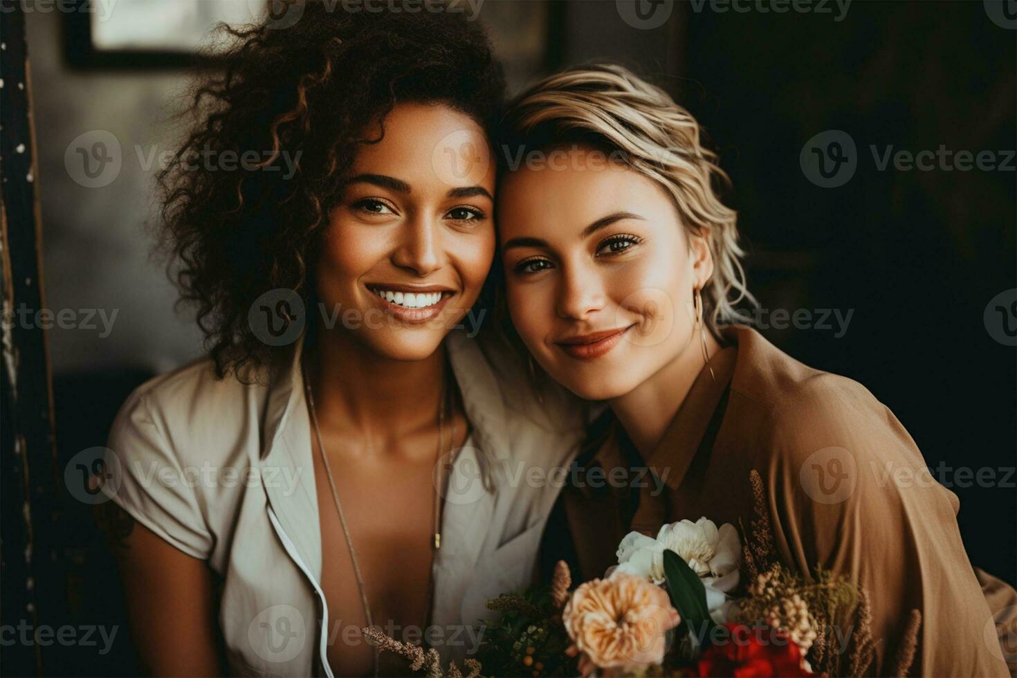 magnifique Jeune lesbienne couple avec bouquet de fleurs à la recherche à caméra ai généré photo