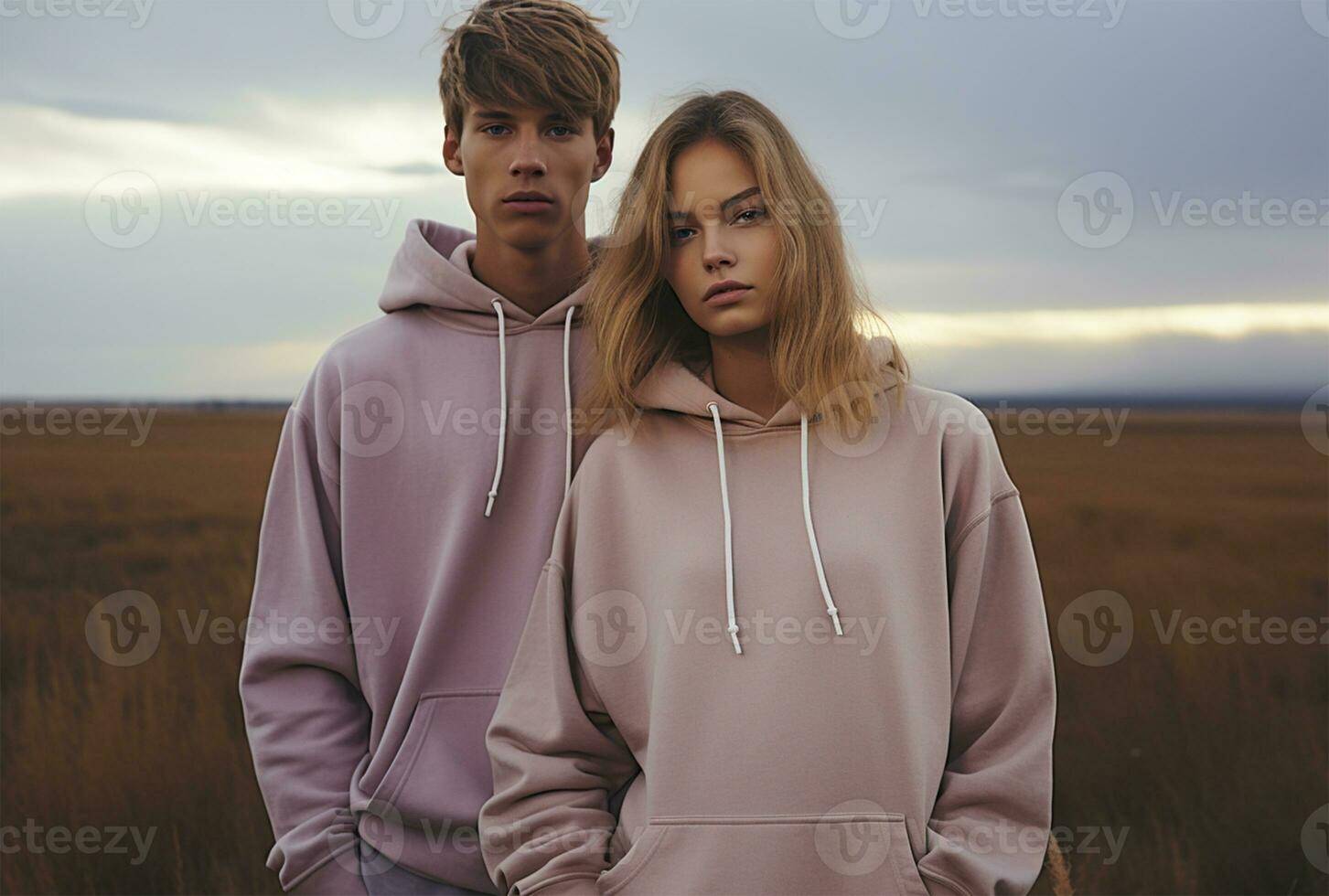 mode Extérieur photo de magnifique couple avec blond cheveux dans élégant vêtements posant dans blé champ ai généré