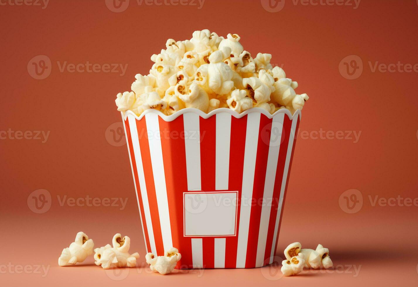 pop corn dans rouge rayé boîte sur Orange Contexte ai généré photo