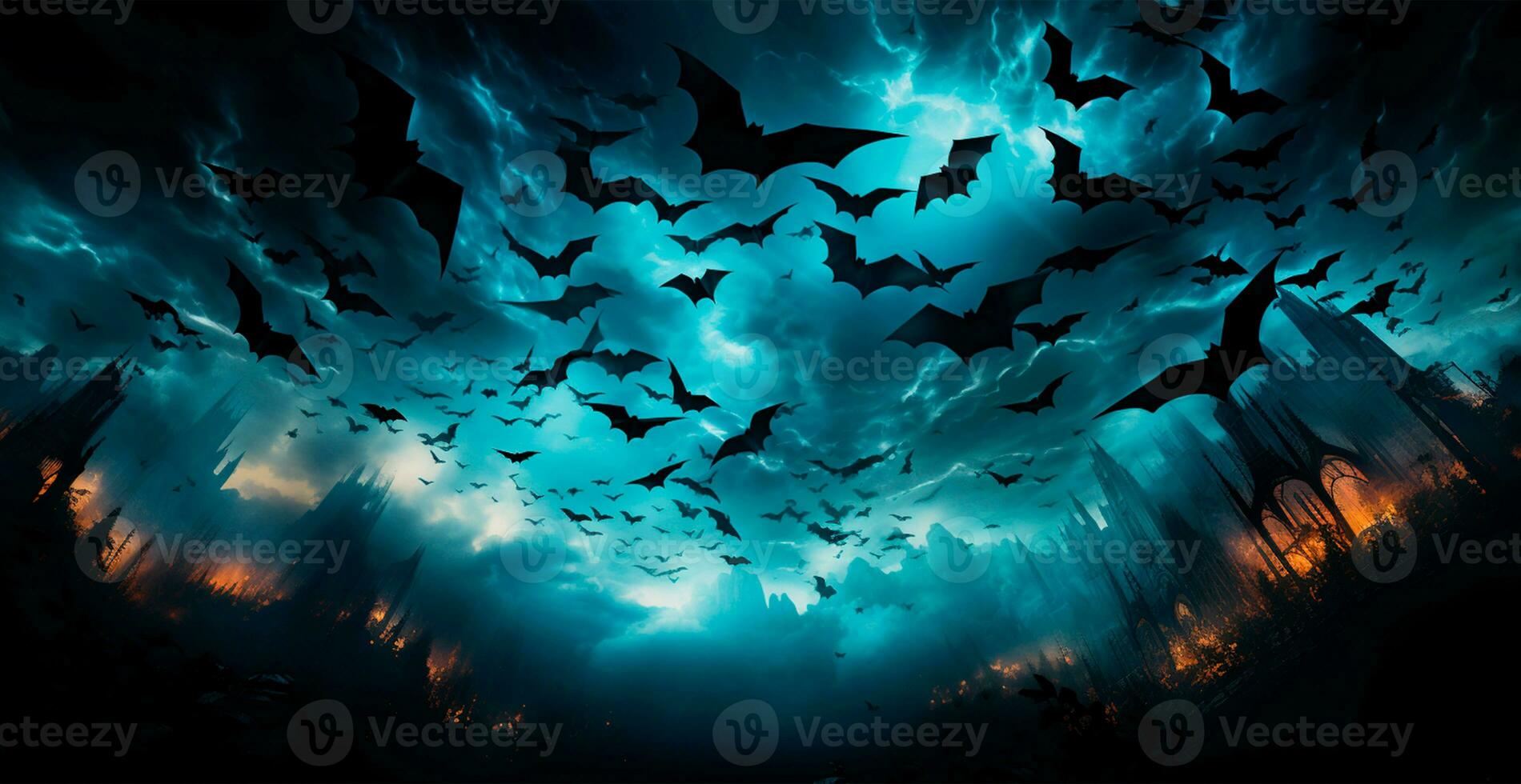 beaucoup chauves-souris en volant dans le foncé nuit, de fête nuit de le mort, Halloween - ai généré image photo