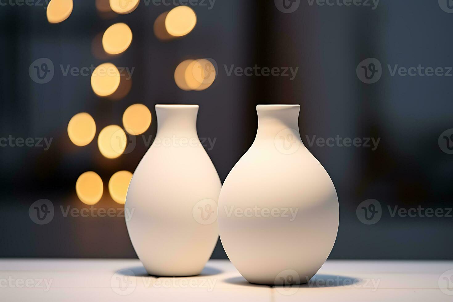 moderne beige céramique des vases en dessous de projecteur sur le comptoir. ai généré photo
