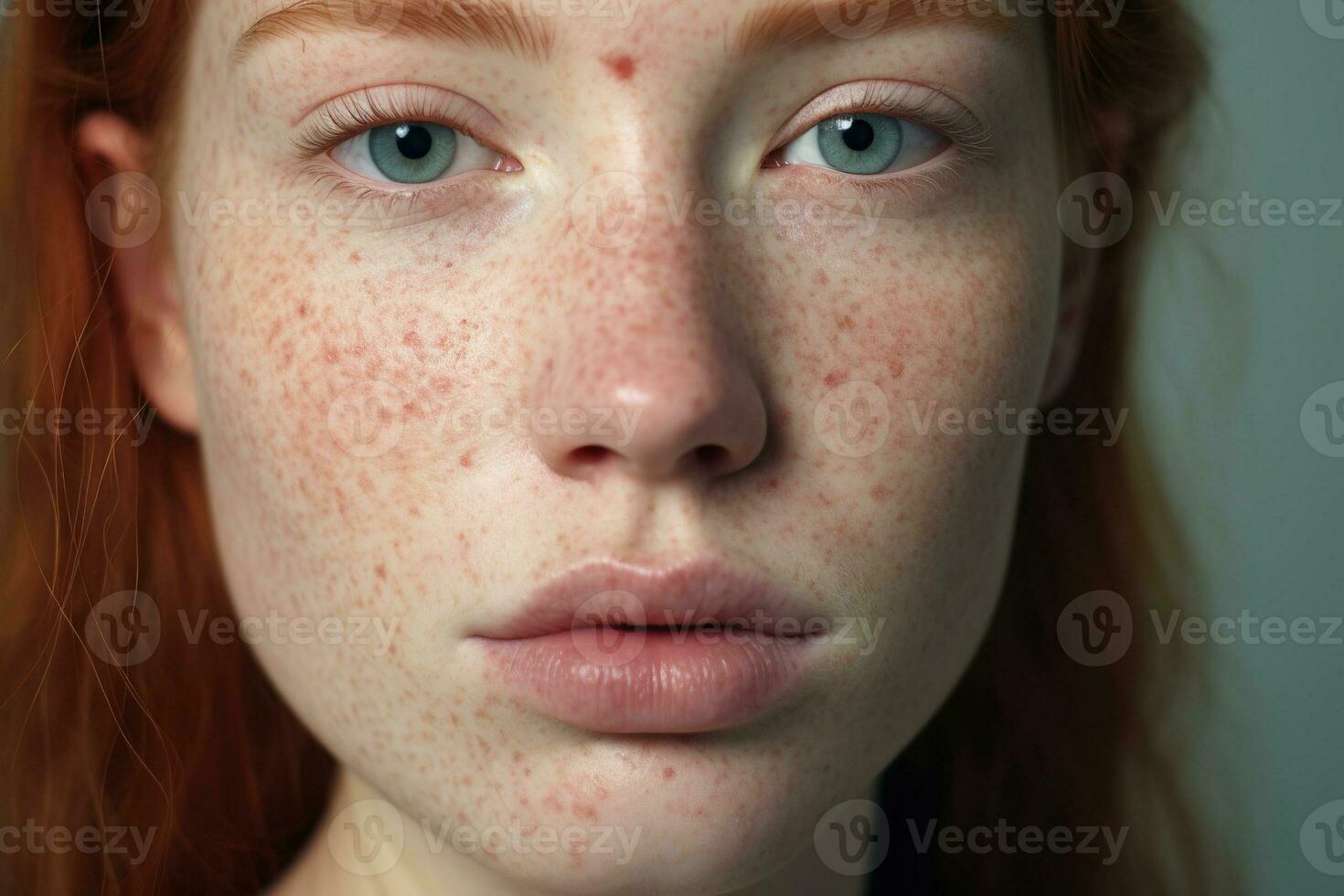 une proche en haut de une femme avec taches de rousseur, rosacée couperose rougeur peau ai généré photo