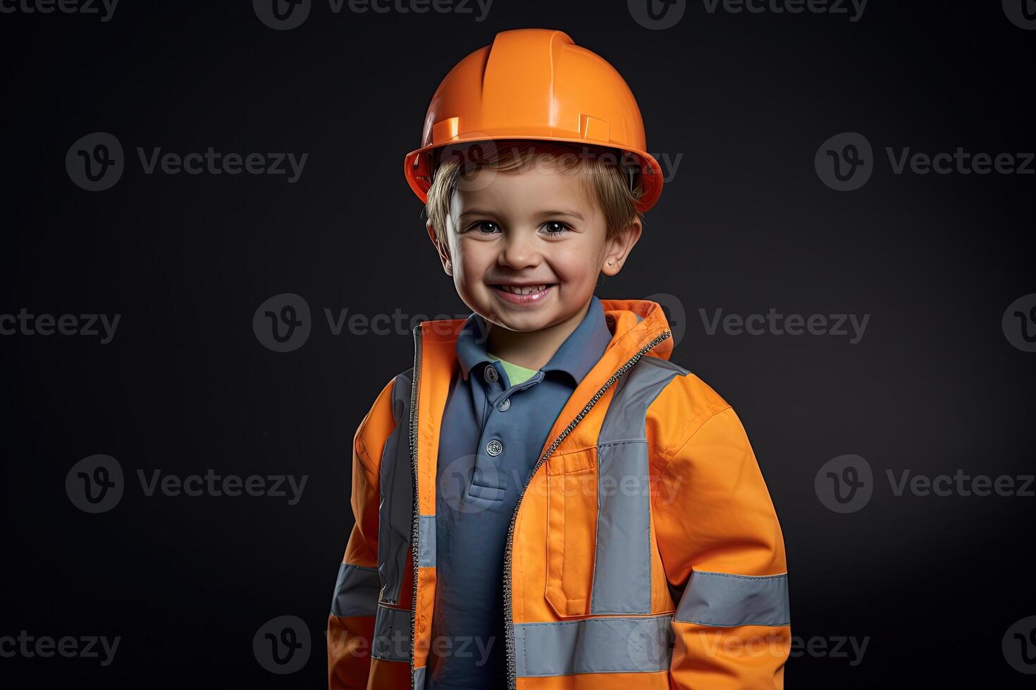 portrait de une mignonne peu garçon dans une construction casque ai généré photo